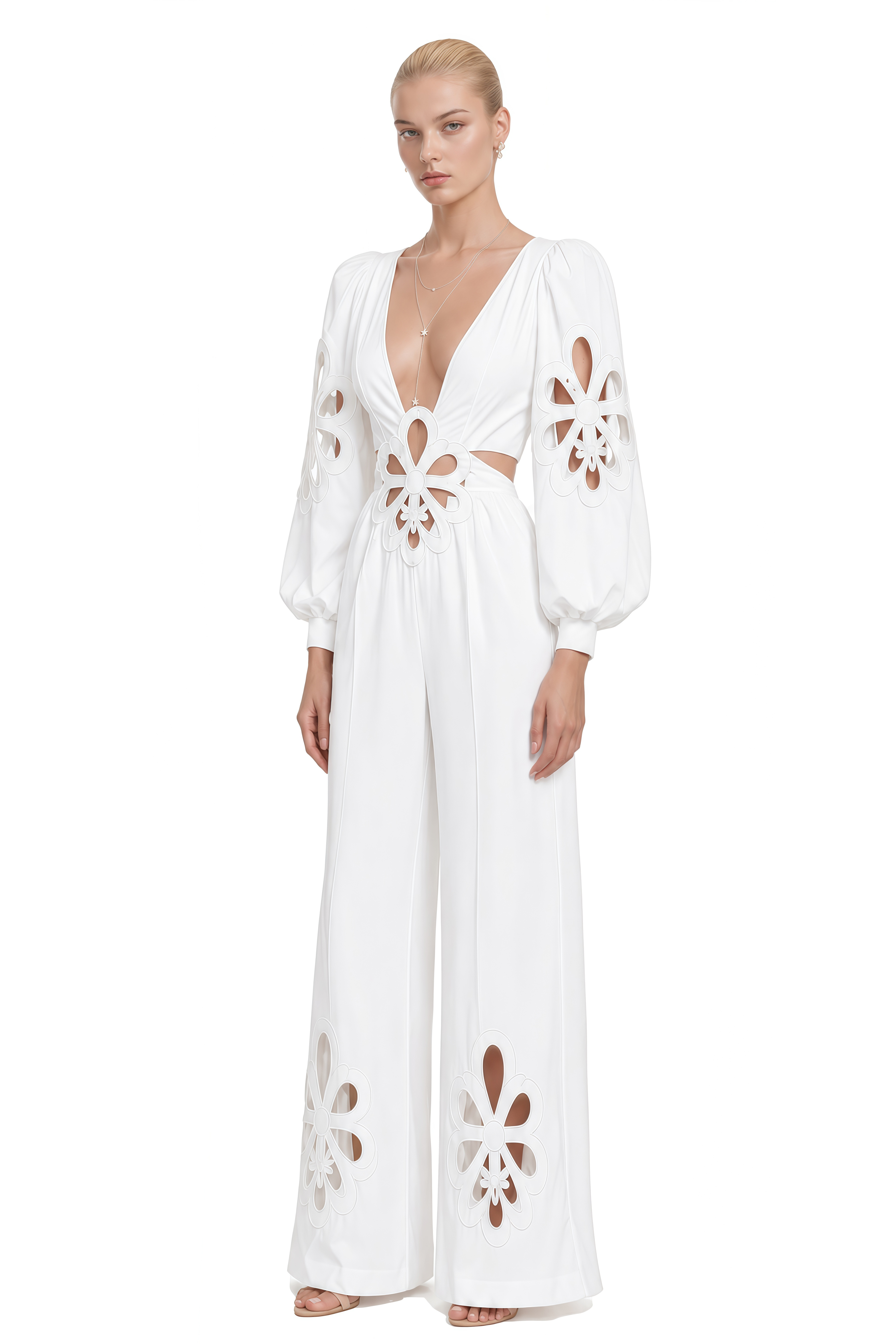 Ophelia White V-Neck Floral Cut-Out Jumpsuit