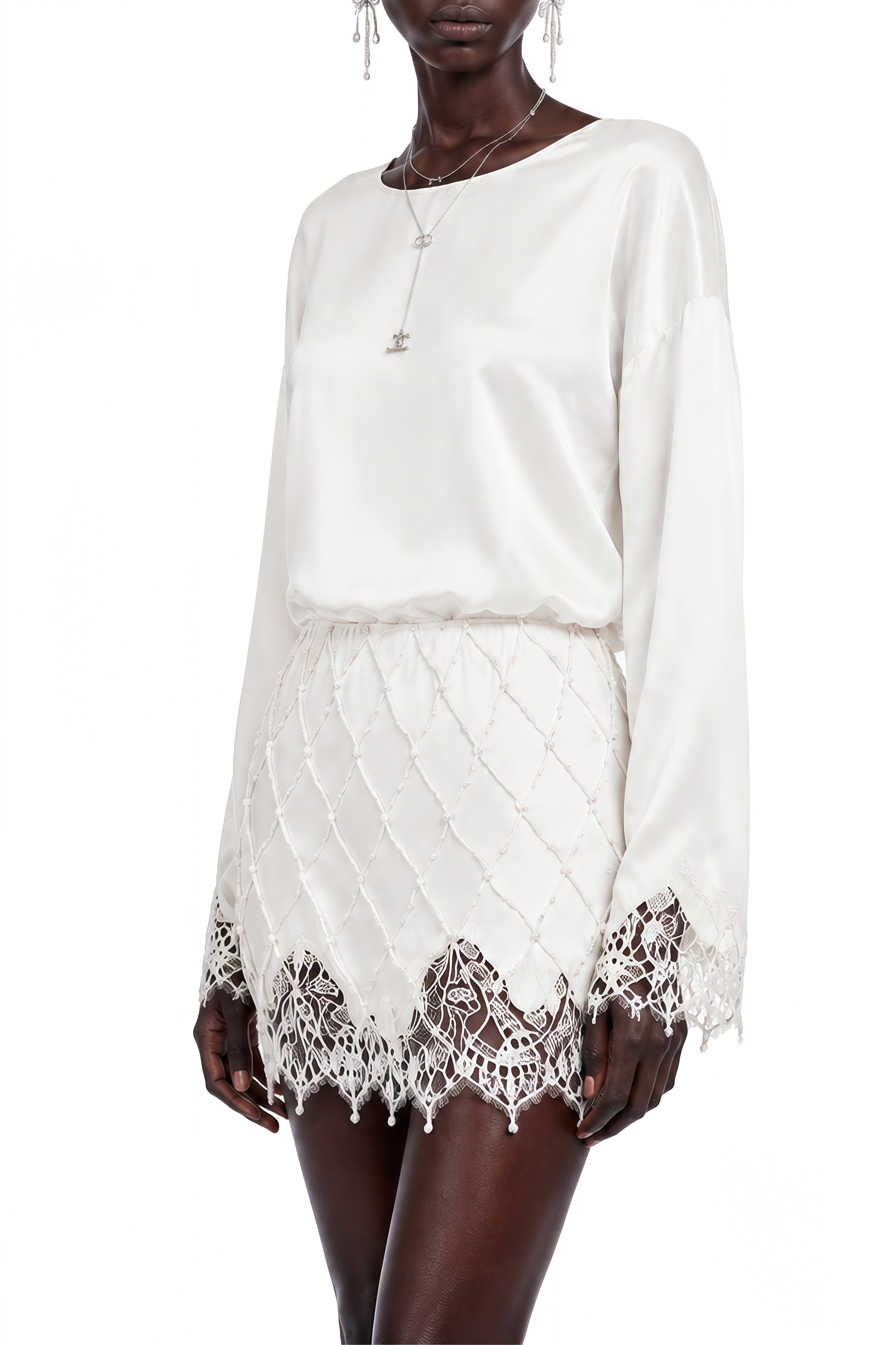 Eulalia White Round Neck Lace Blouse & Pearl Skirt Set