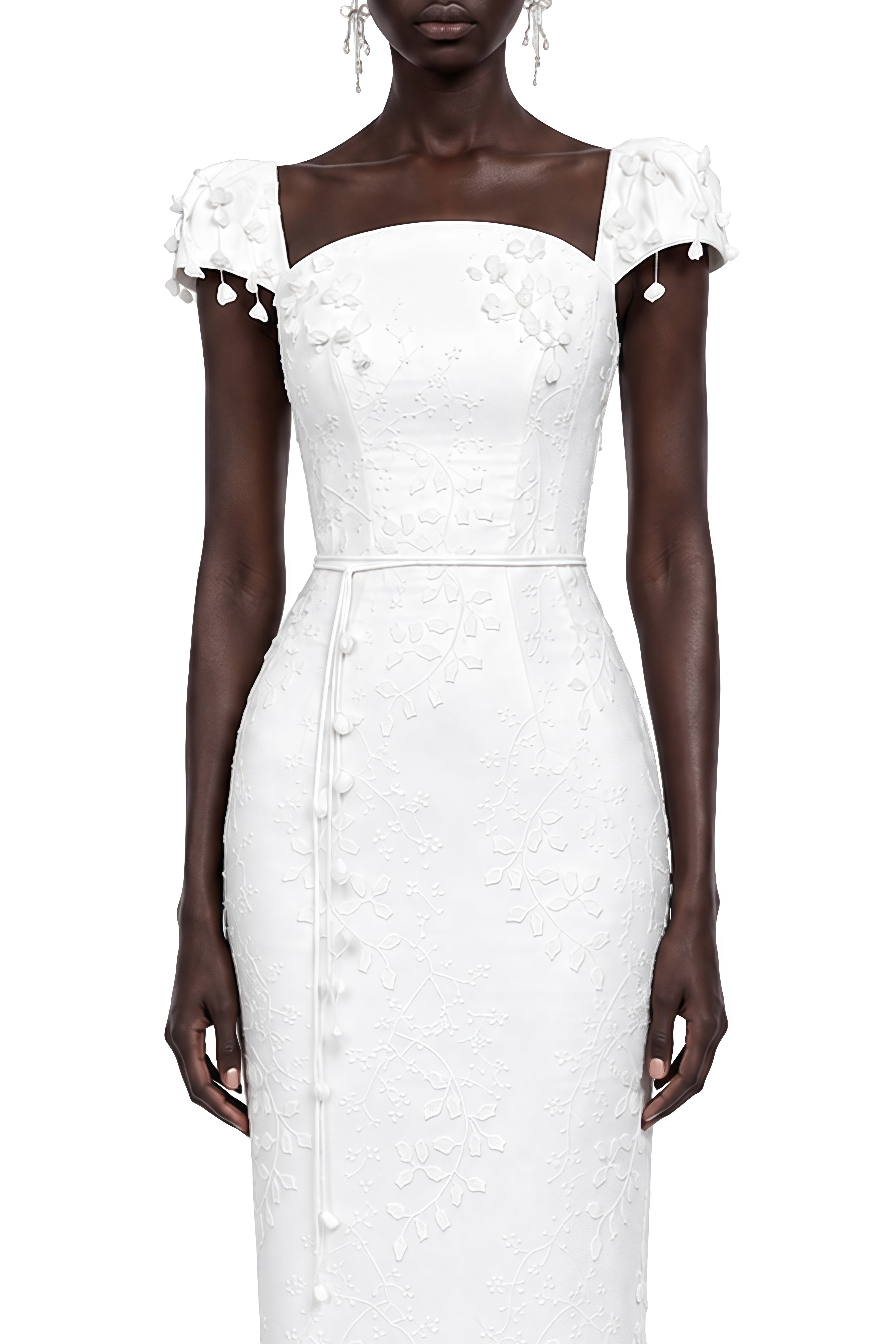 Margaux White Leaf Embellished Ruffled Midi Dress