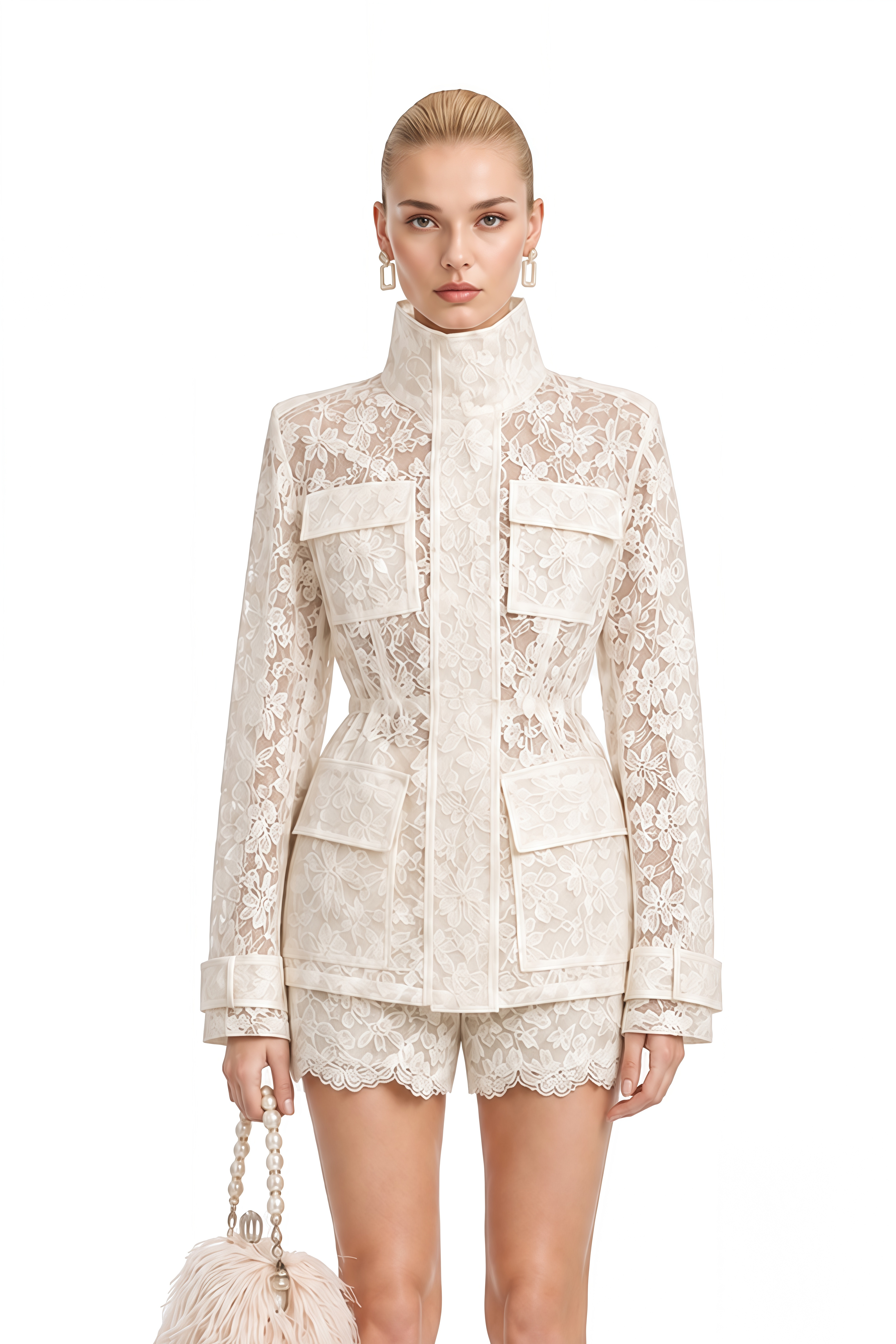 Celine Ivory Semi-Sheer Floral Lace Jacket & Shorts Set