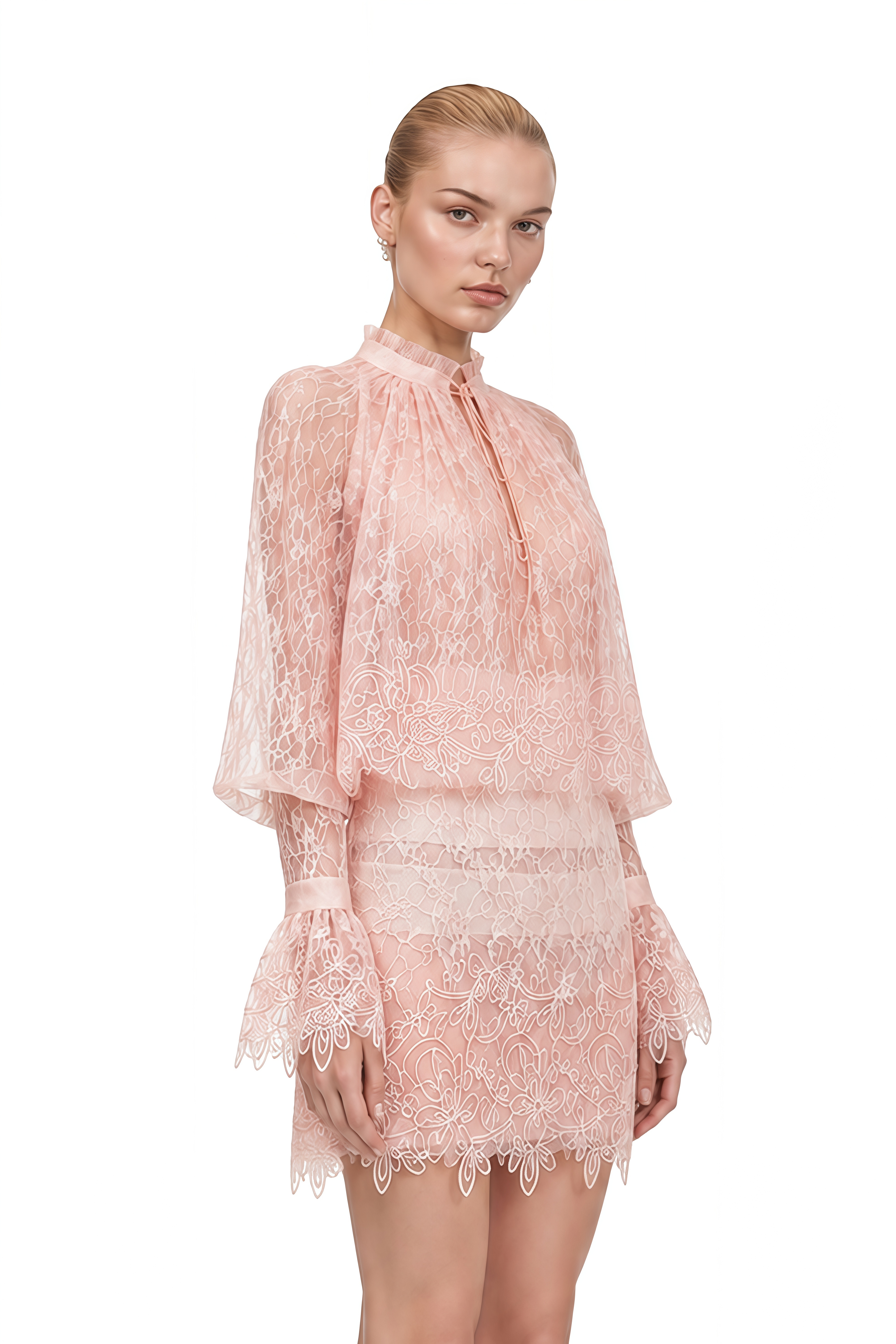 Rosalind Pink Puff Sleeve Lace Mini Dress