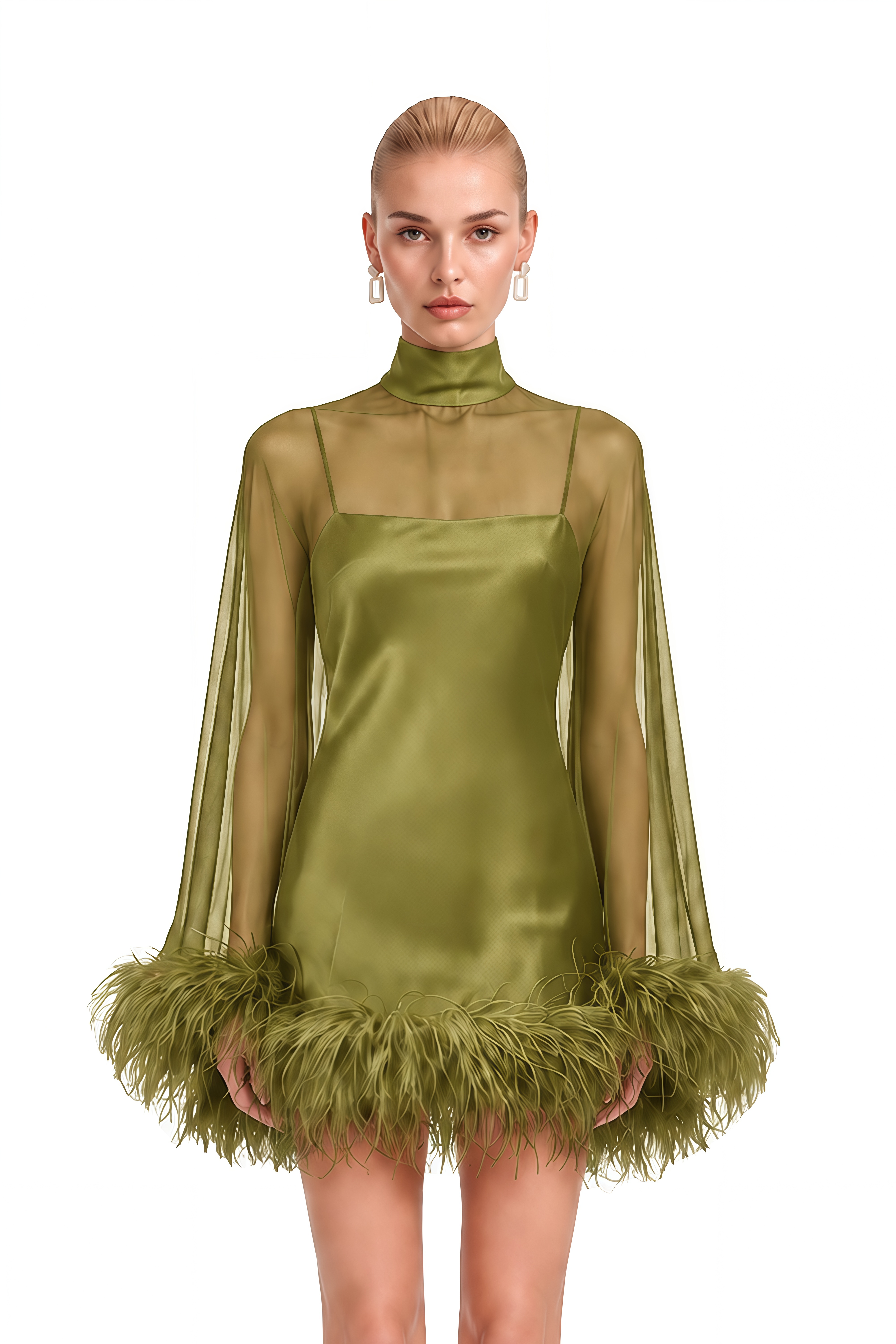 Ivy Green Turtleneck Feather-Trim Mini Dress