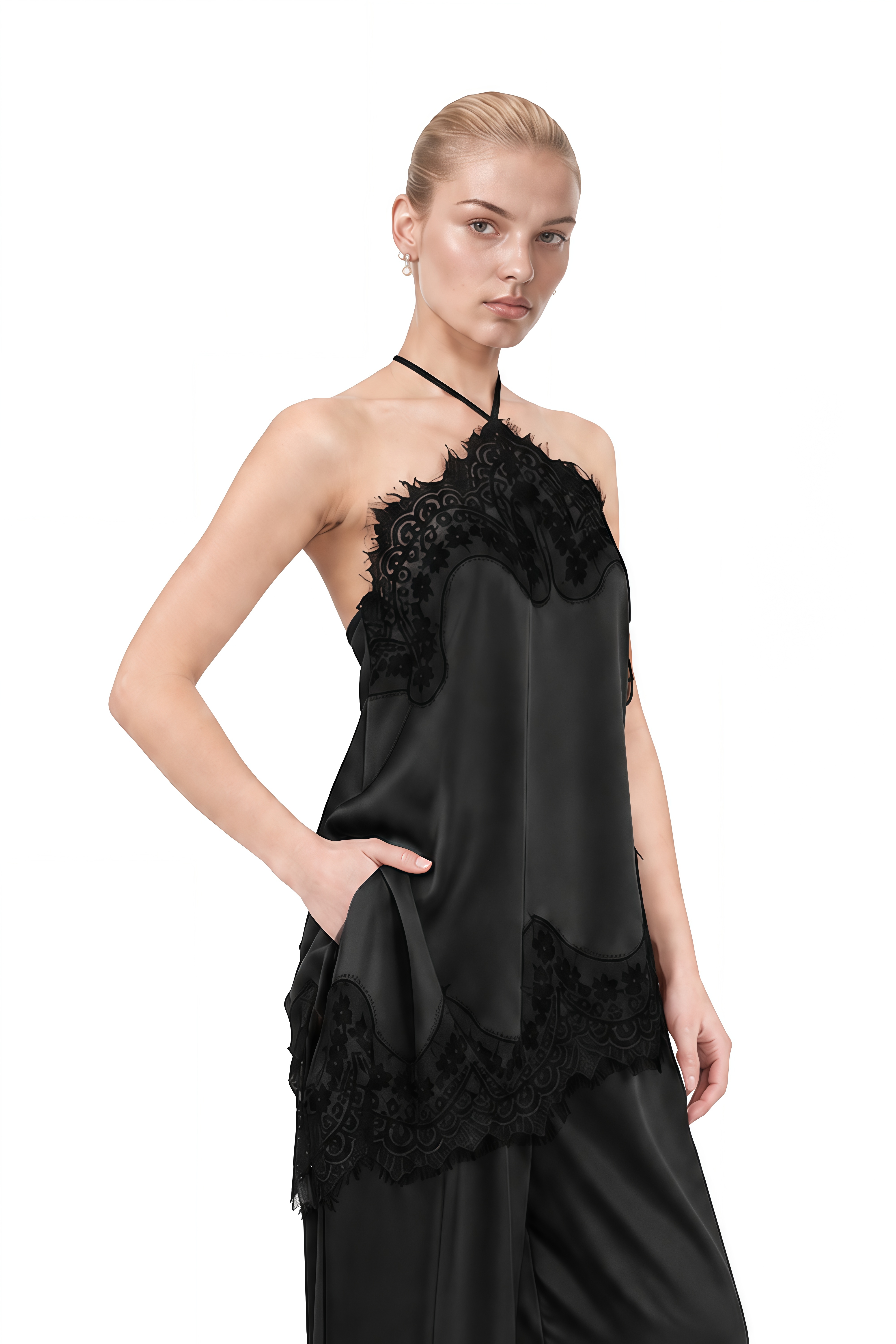Diana Black Halterneck Asymmetrical Top & Trousers Set