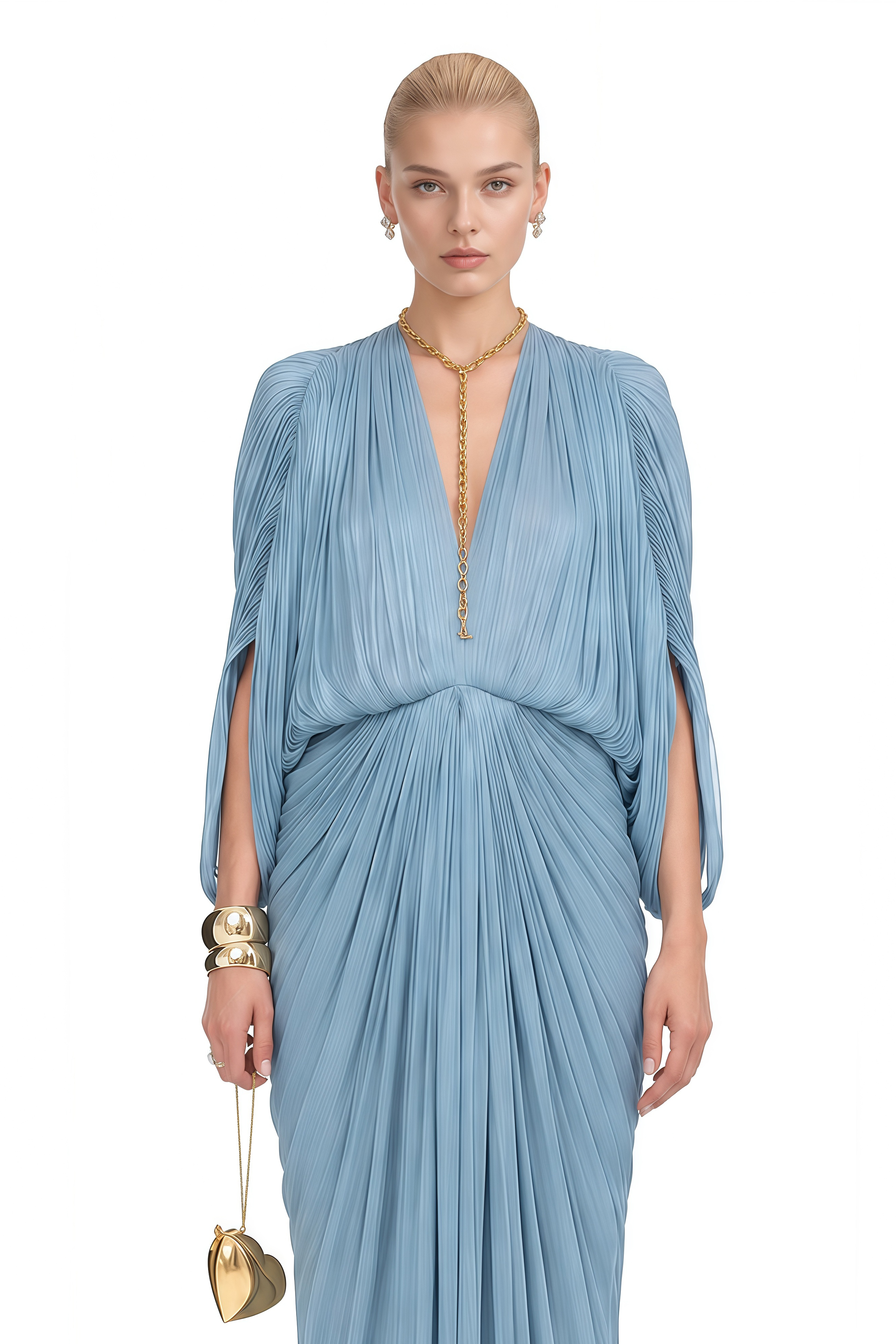 Audrey Blue Puff Sleeve Draped Maxi Dress