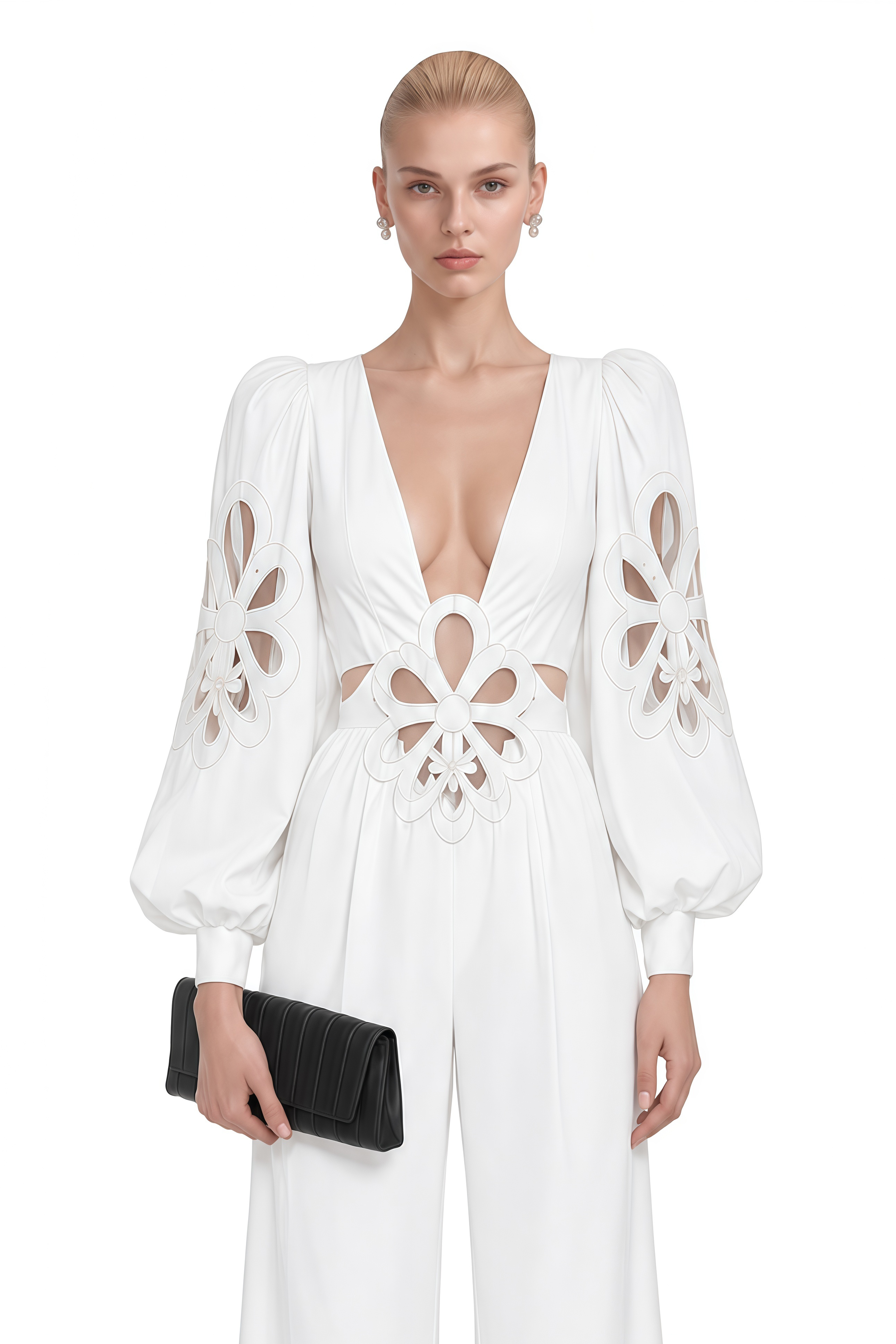 Ophelia White V-Neck Floral Cut-Out Jumpsuit