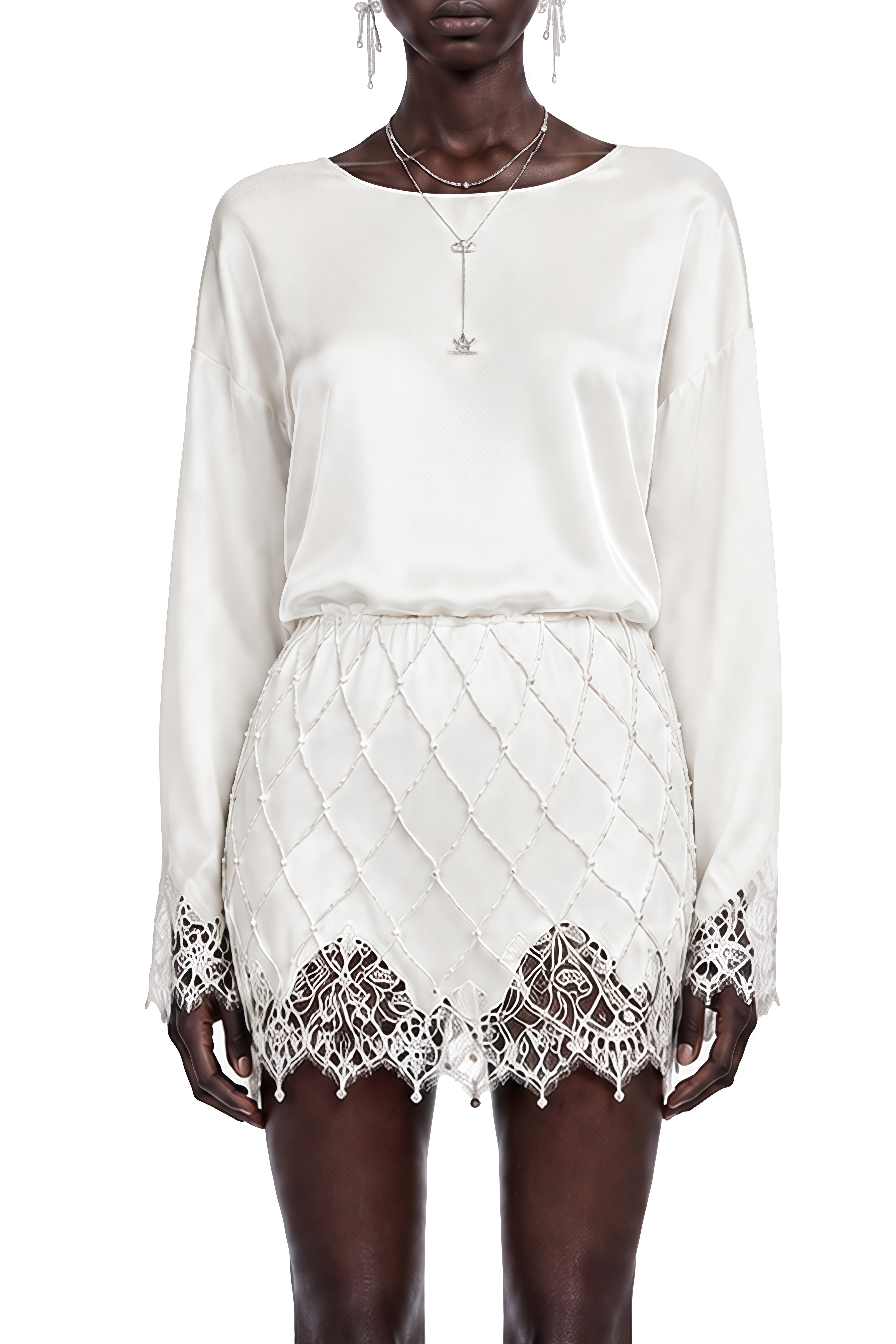 Eulalia White Round Neck Lace Blouse & Pearl Skirt Set