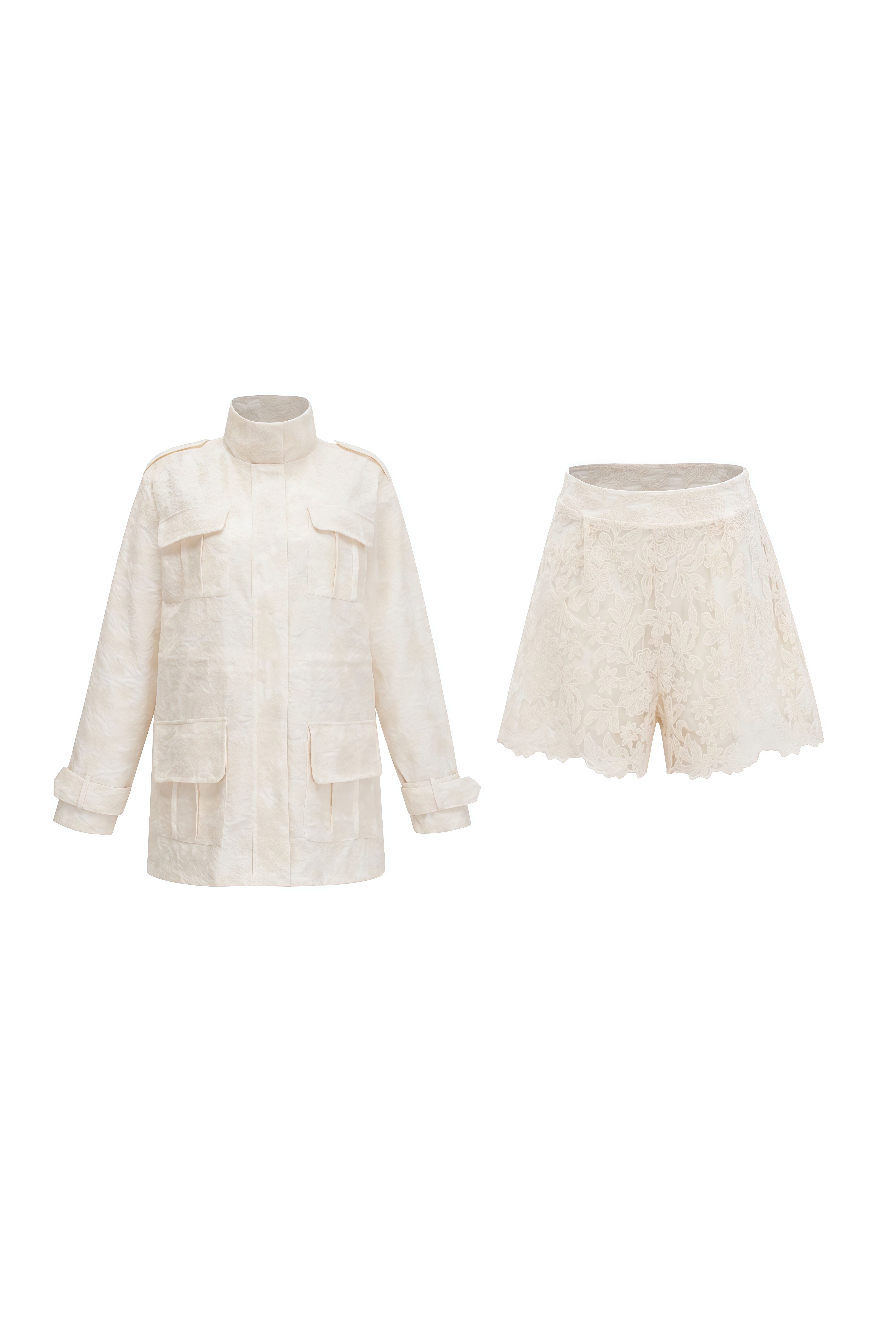 Celine Ivory Semi-Sheer Floral Lace Jacket & Shorts Set