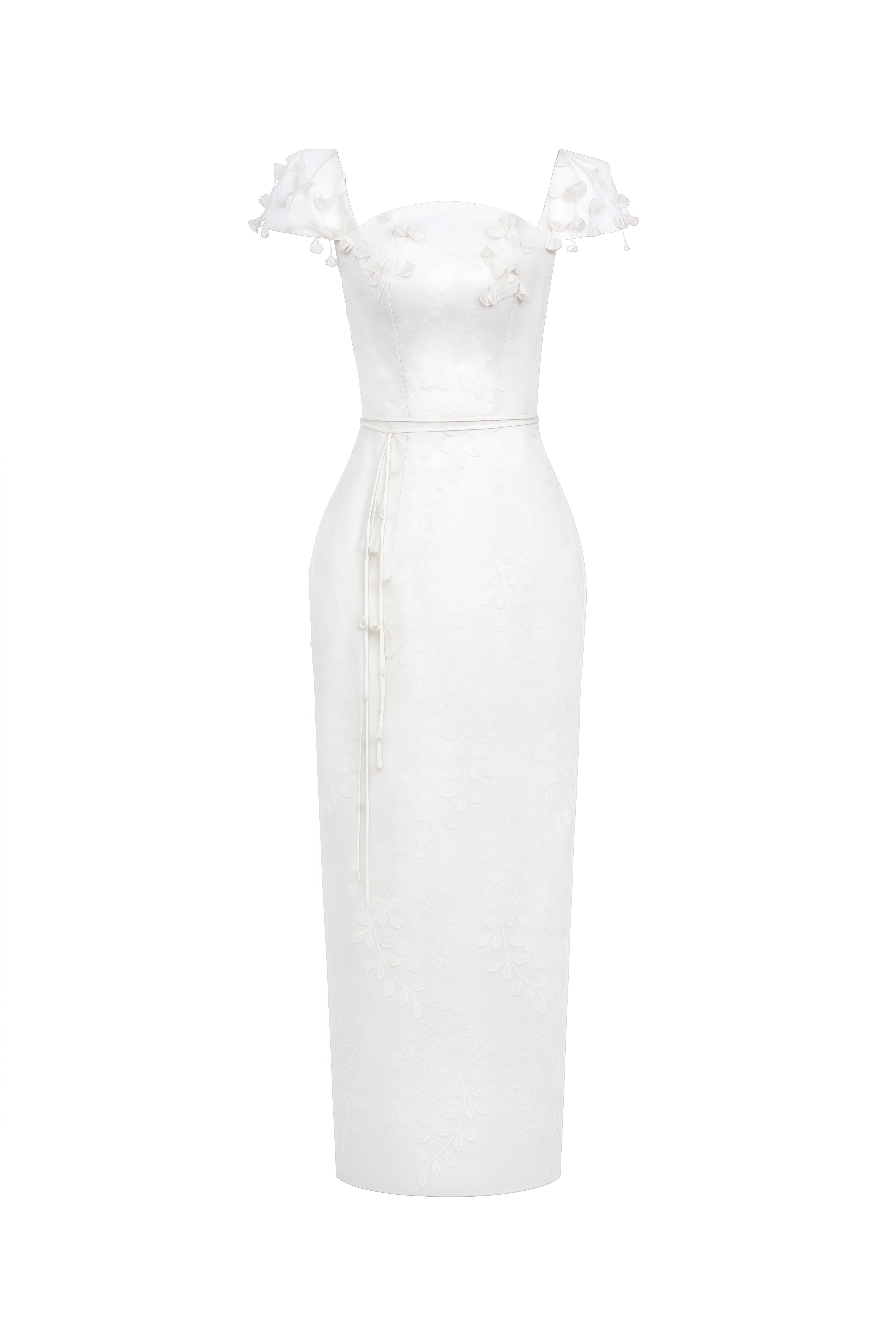 Margaux White Leaf Embellished Ruffled Midi Dress