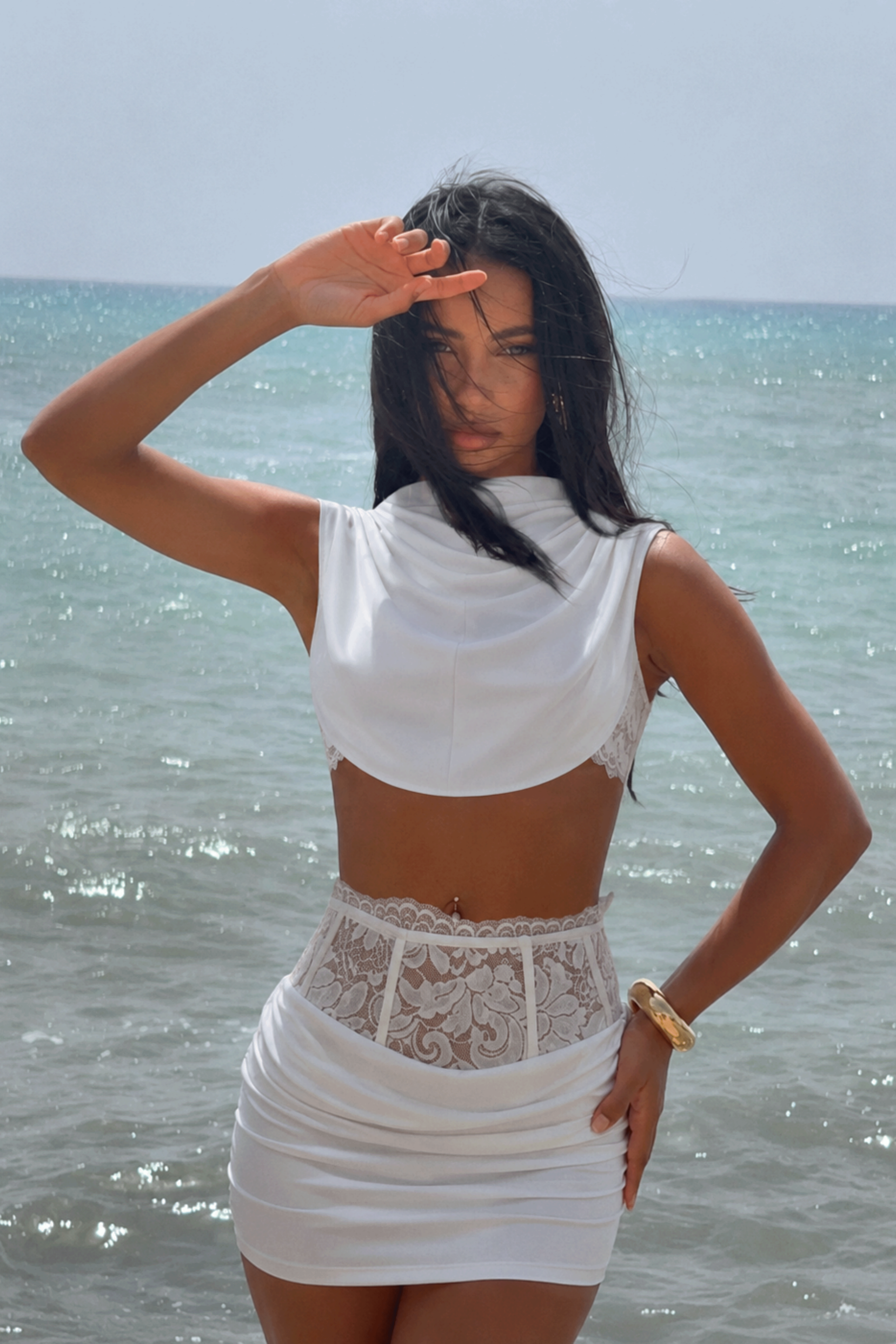 Isolde White Asymmetrical Draped Top & Lace Skirt Set