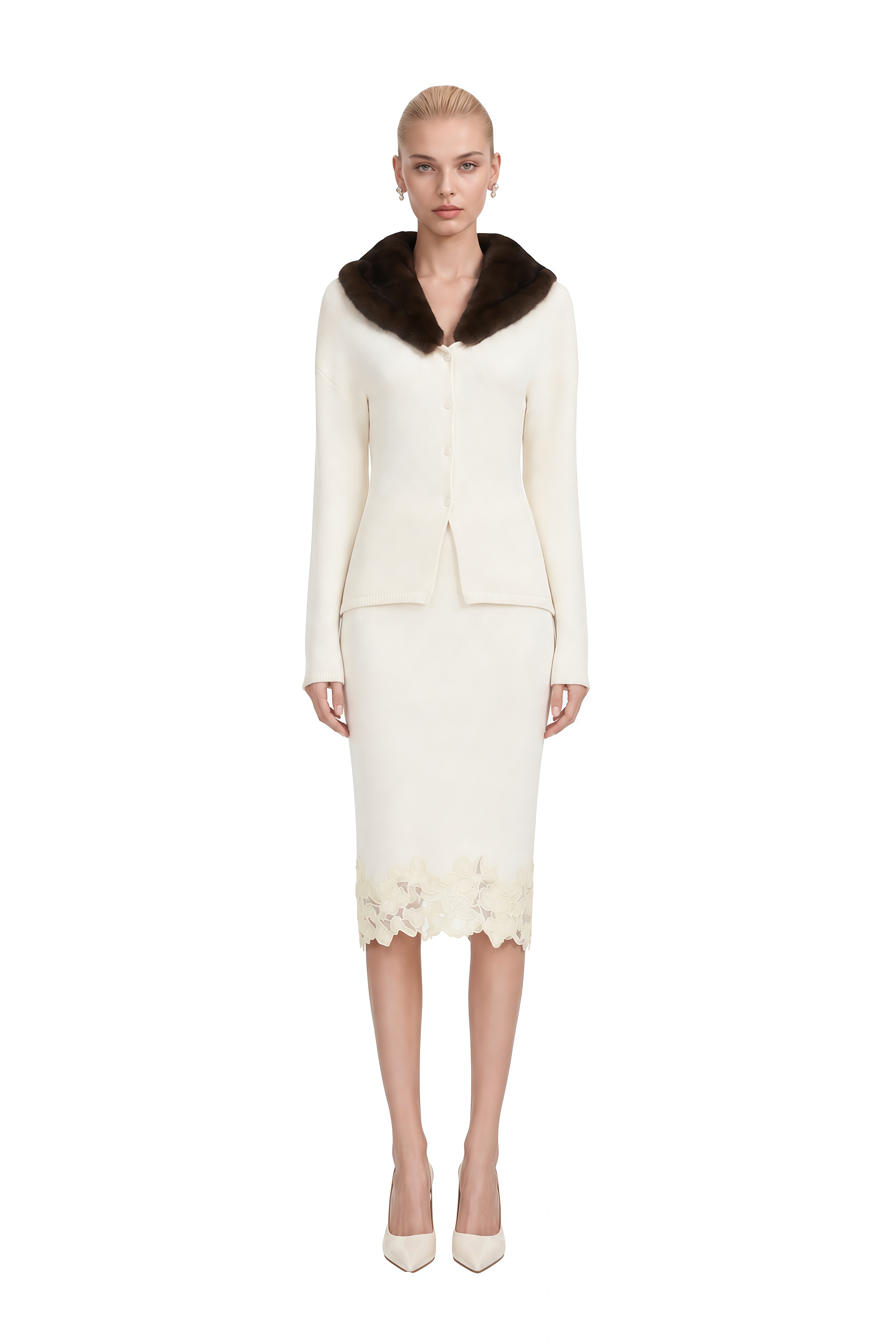 Miranda Ivory Fur Collar Lace Top & Skirt Set