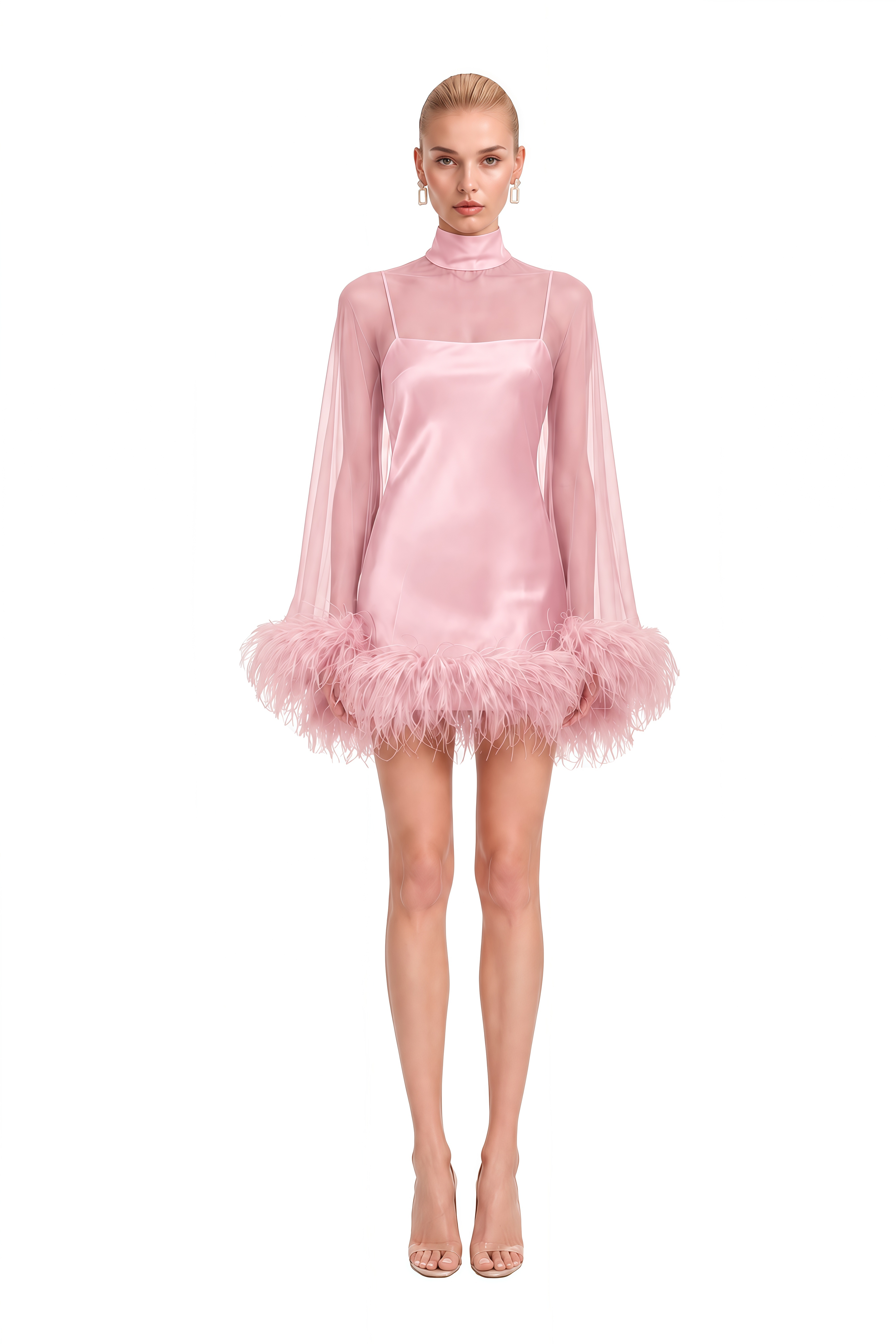 Ivy Pink Turtleneck Feather-Trim Mini Dress