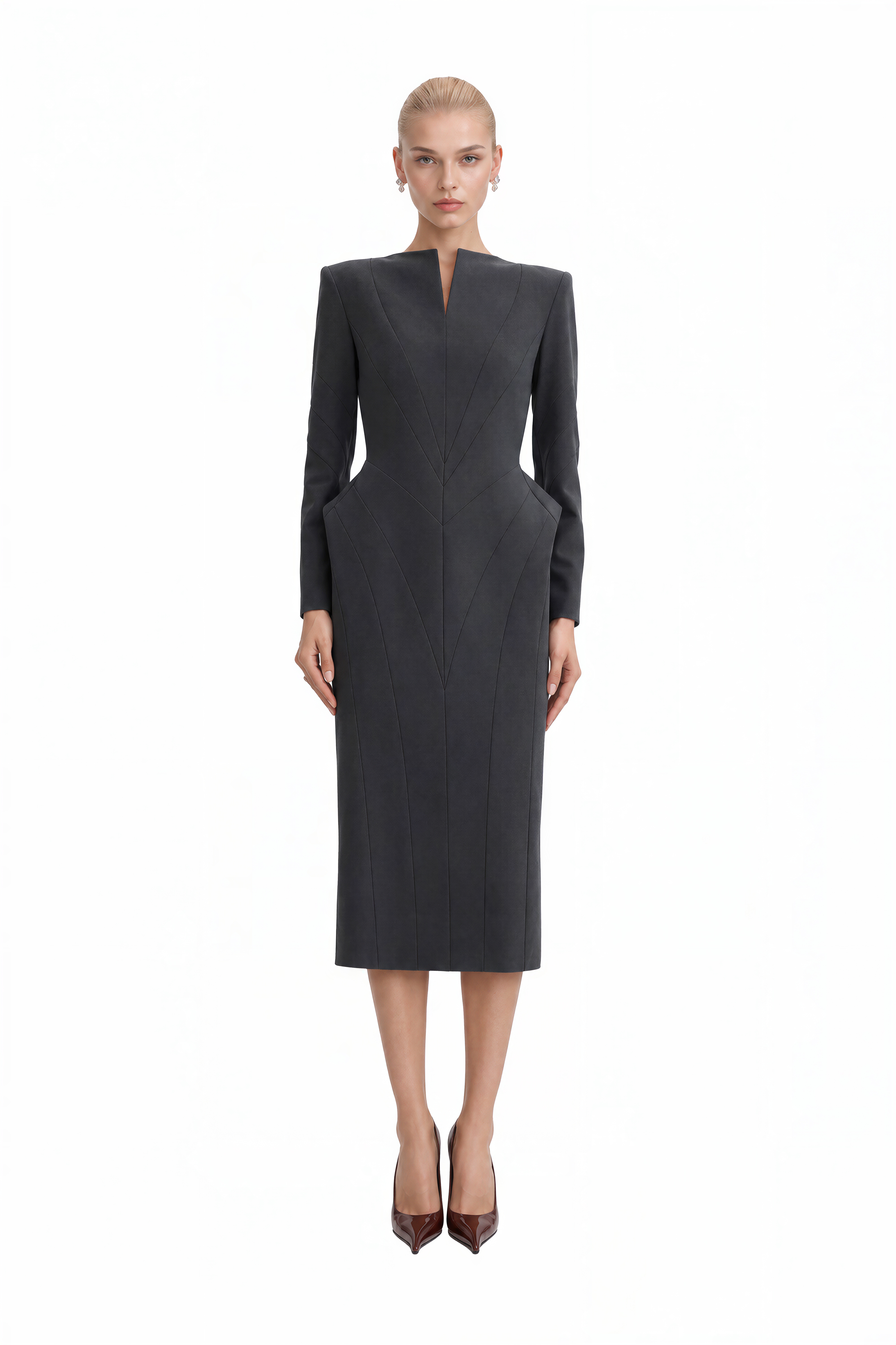 Audrey Grey Long Sleeves Slit Midi Dress