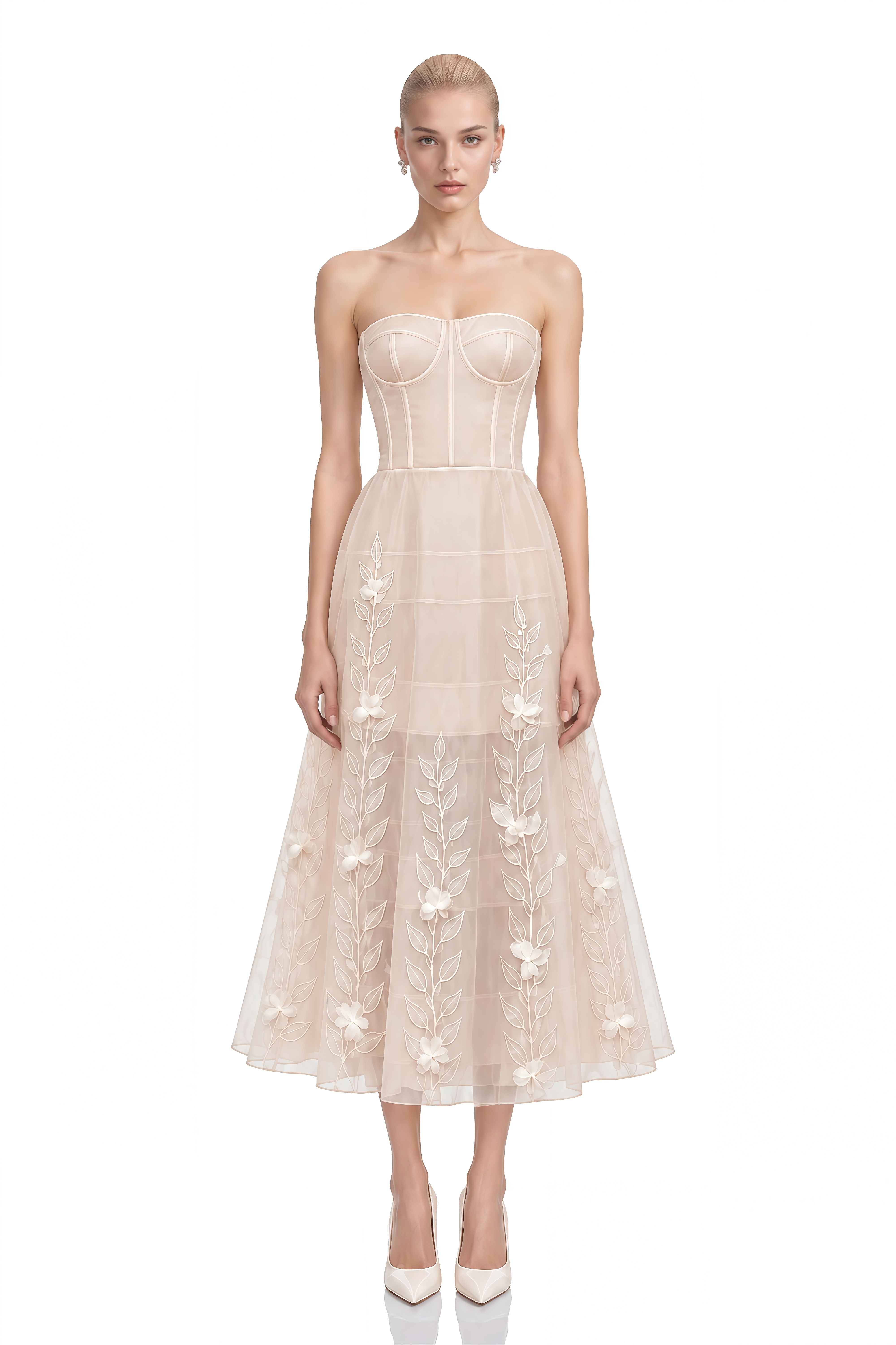 Elara Neutral Strapless Floral Appliqué Midi Dress