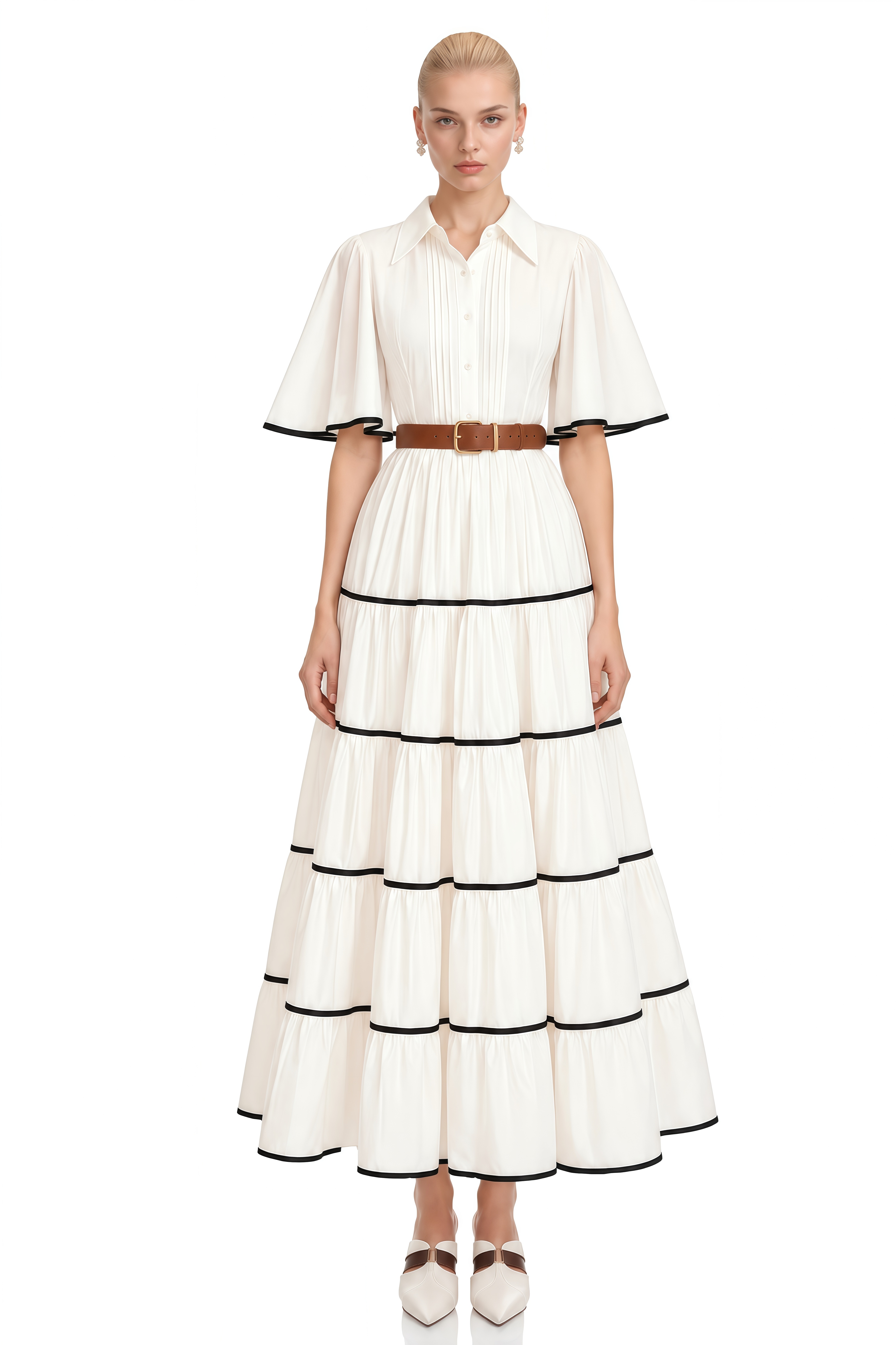 Coralie White Short Sleeves Belted Maxi Dress