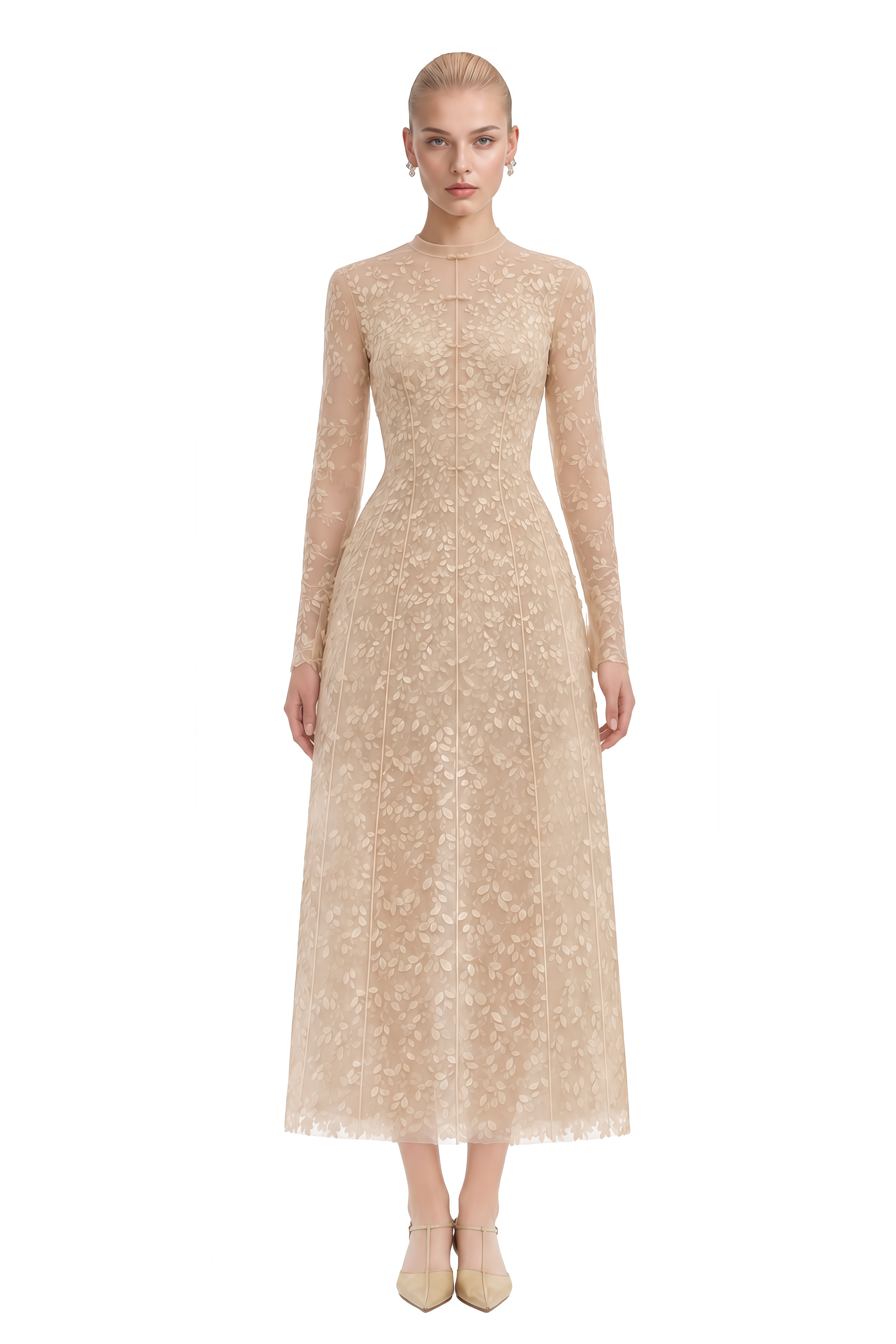 Elizabeth Beige Floral Embroidered A-Line Midi Dress