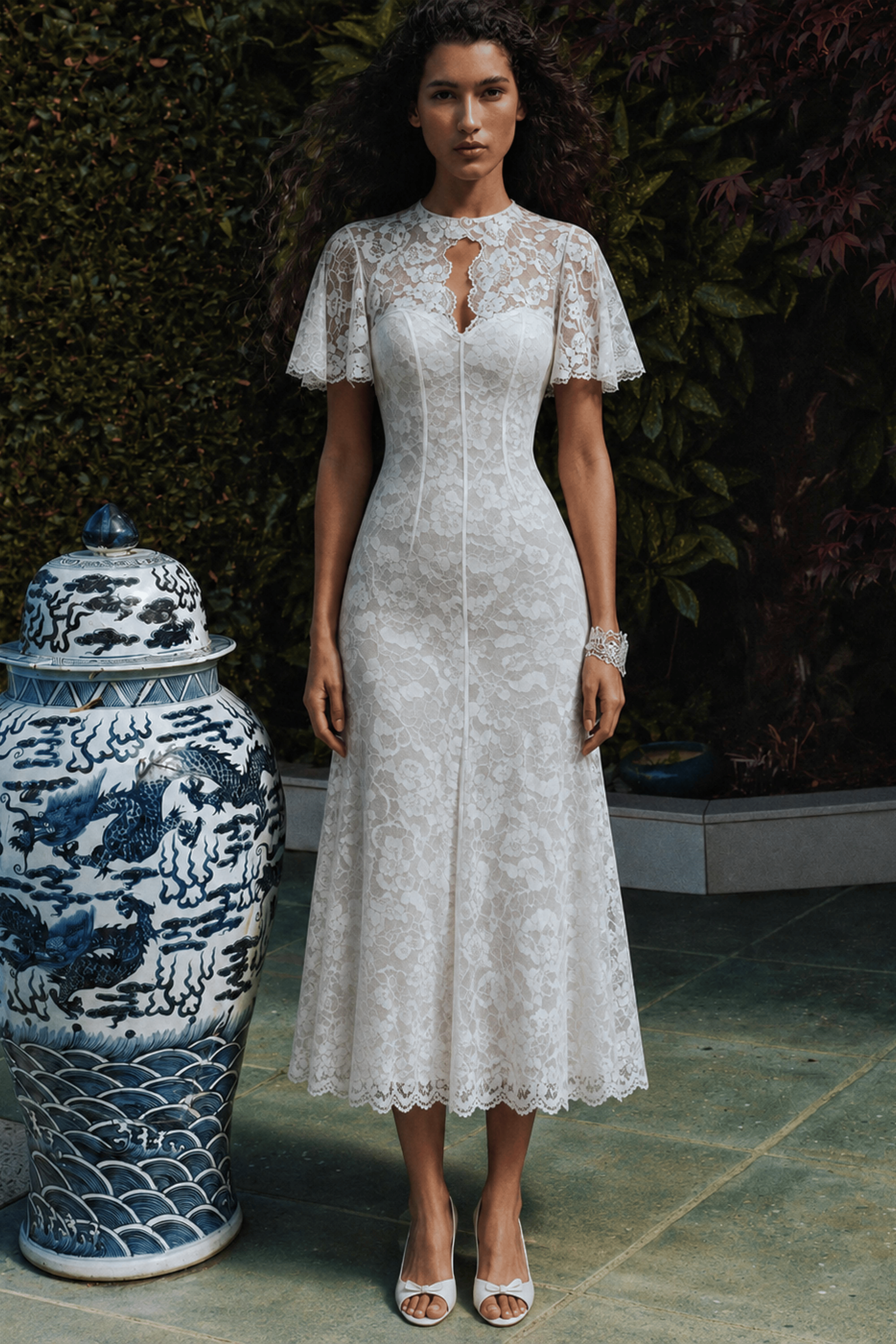 Claire White Cape Design Floral Lace Midi Dress