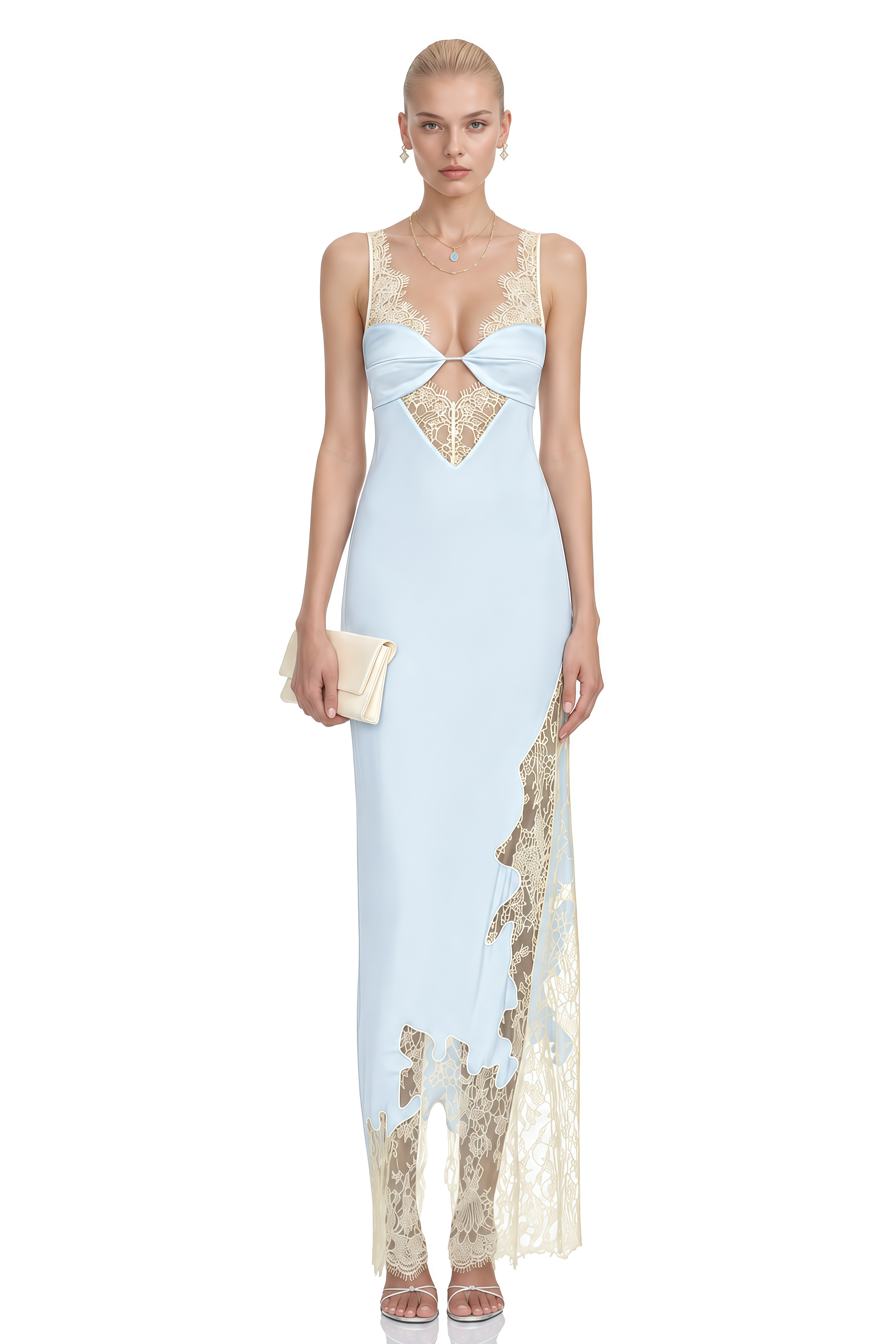 Isolde Light Blue Asymmetrical Lace-Hem Maxi Dress