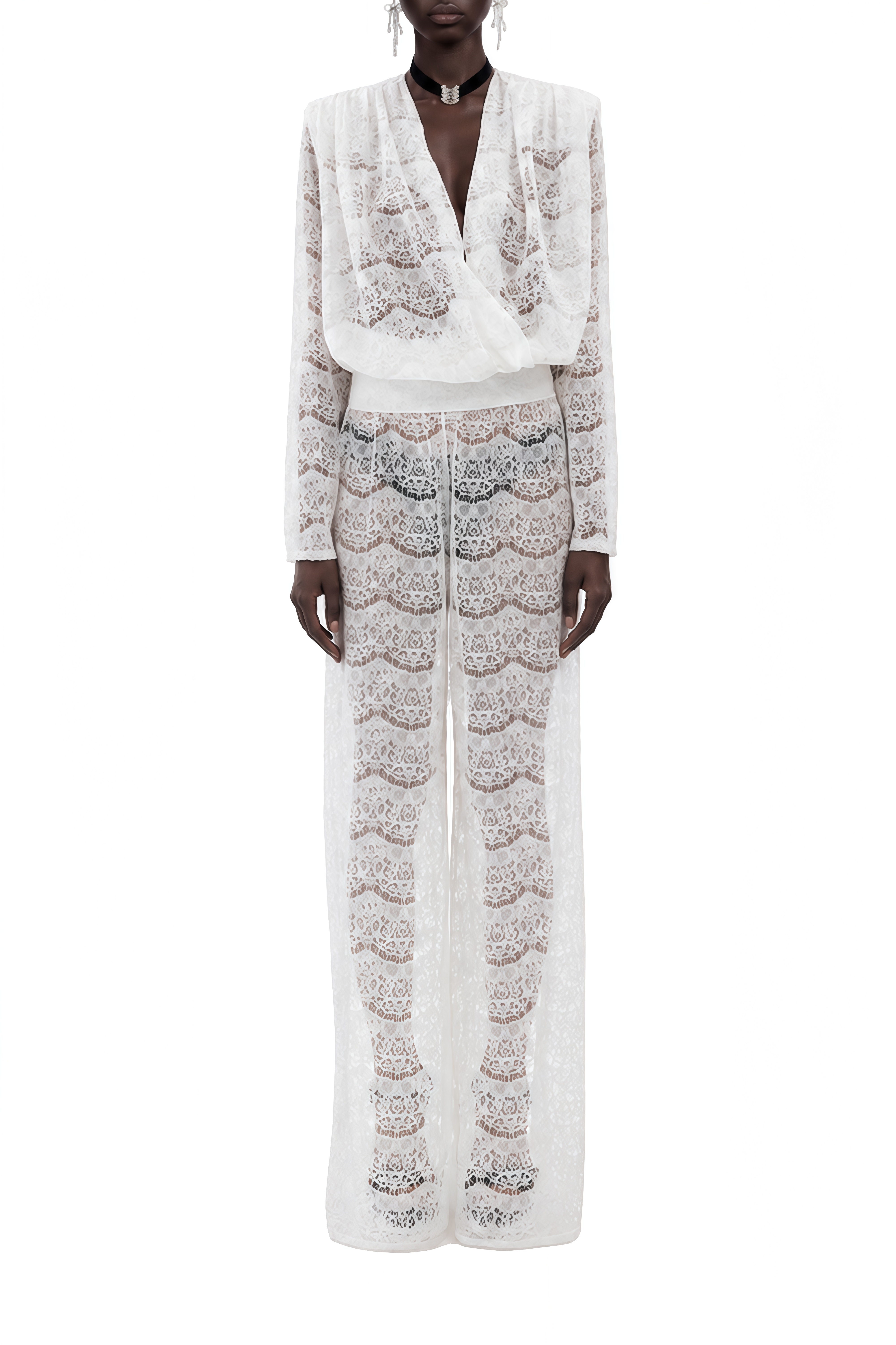 Celine White Long Sleeves Lace Blouse & Trousers Set