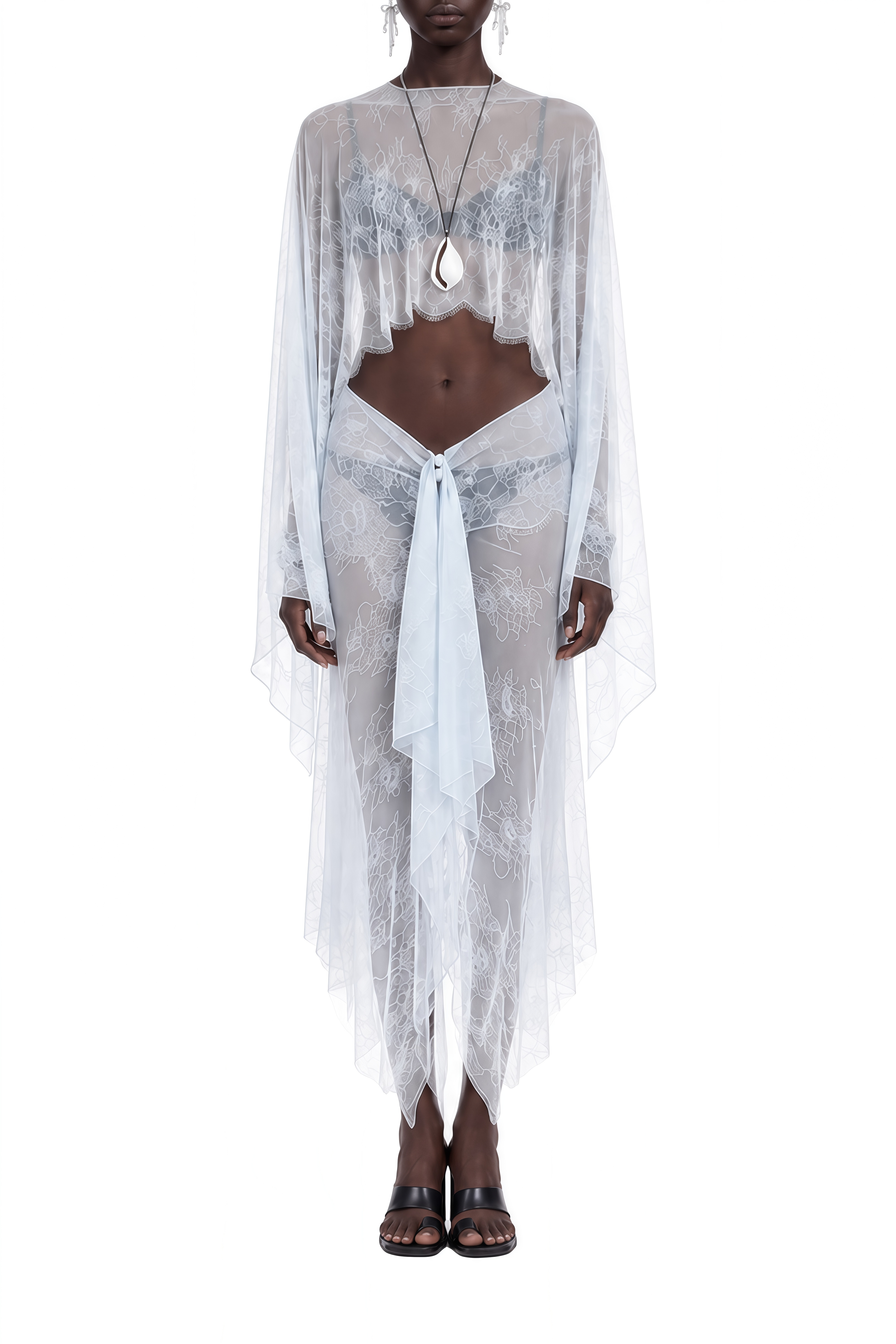 Fiadh Light Blue Sheer Lace Top & Skirt Set