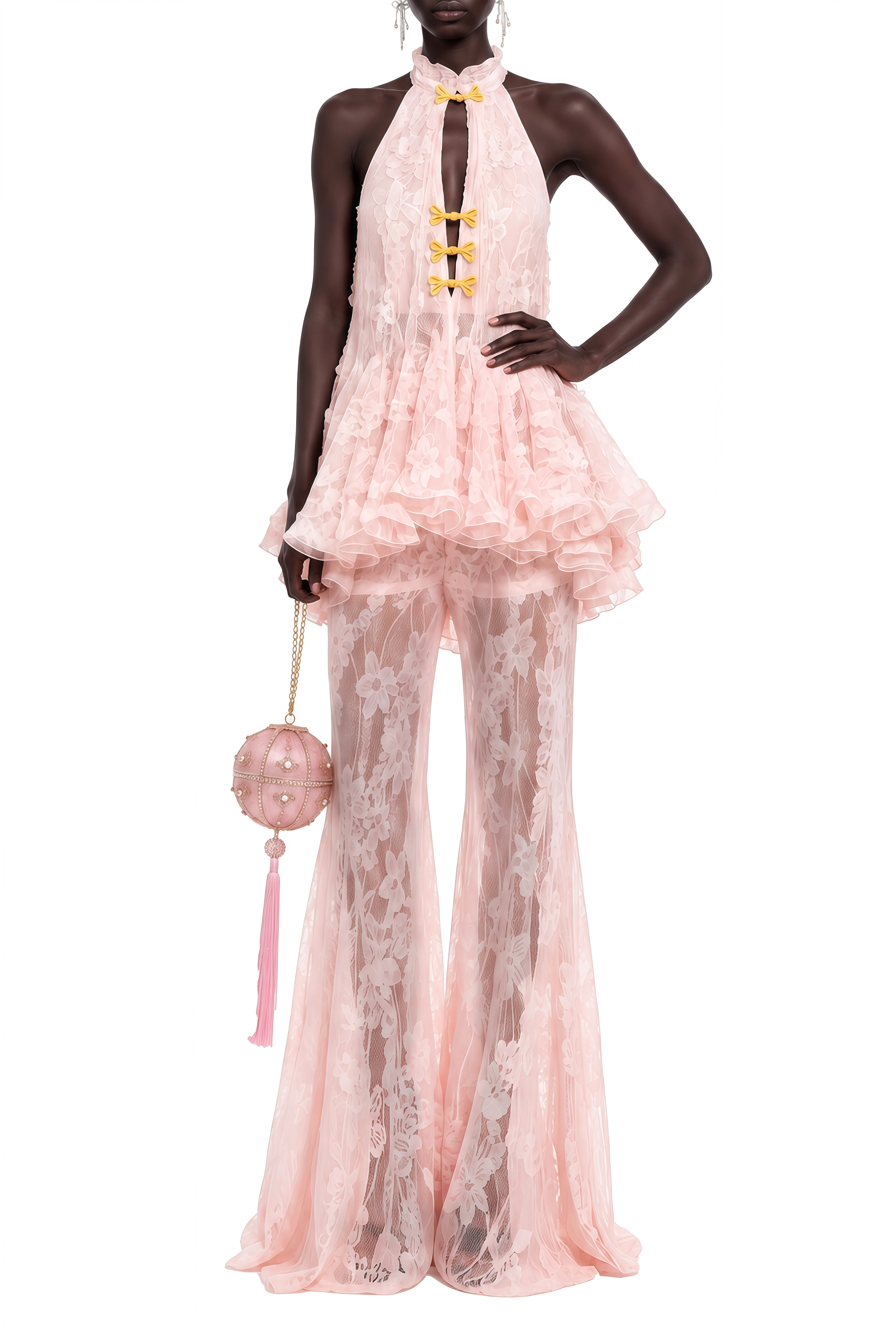 Lydia Pink Sleeveless Lace Top & Trousers Set