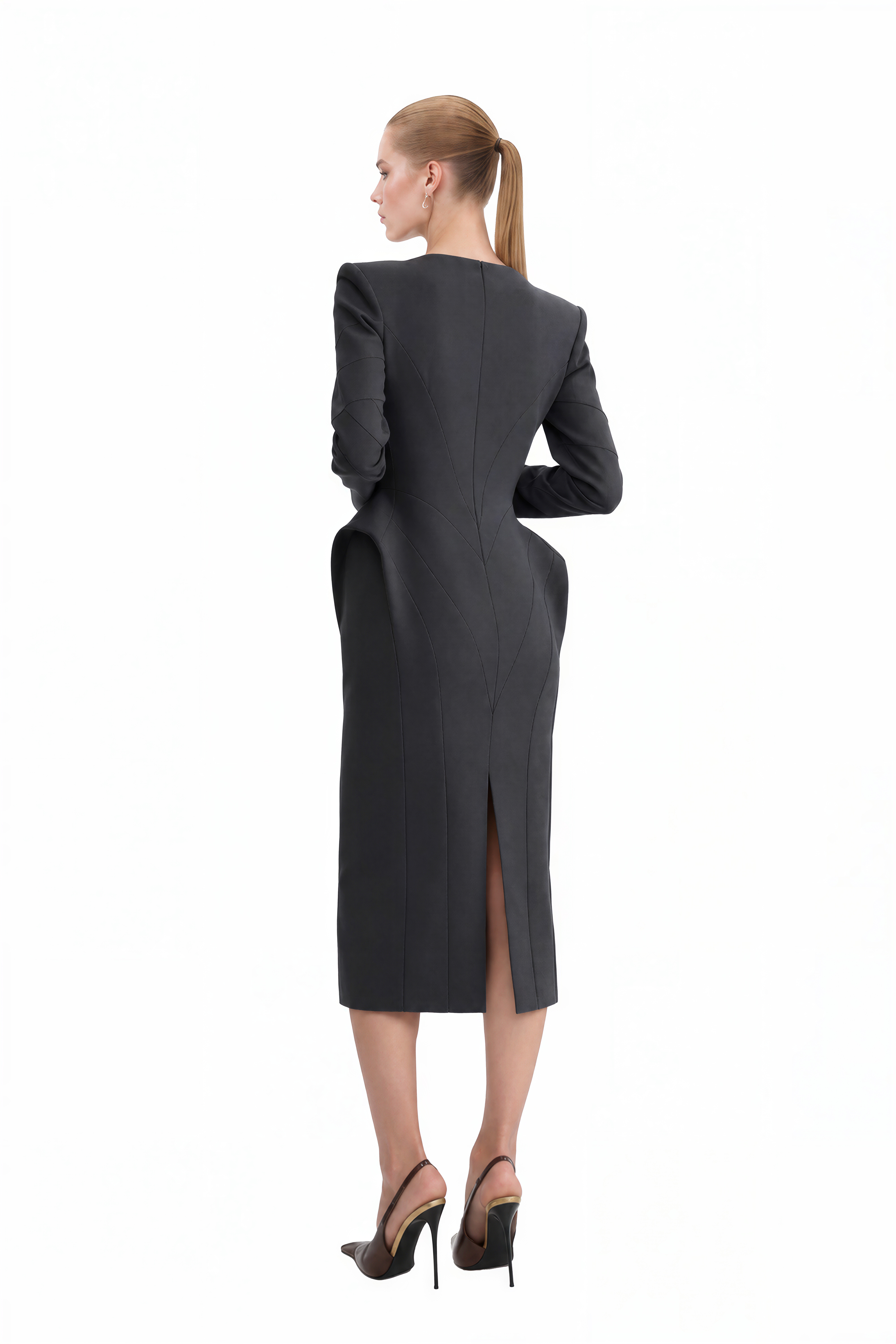 Audrey Grey Long Sleeves Slit Midi Dress