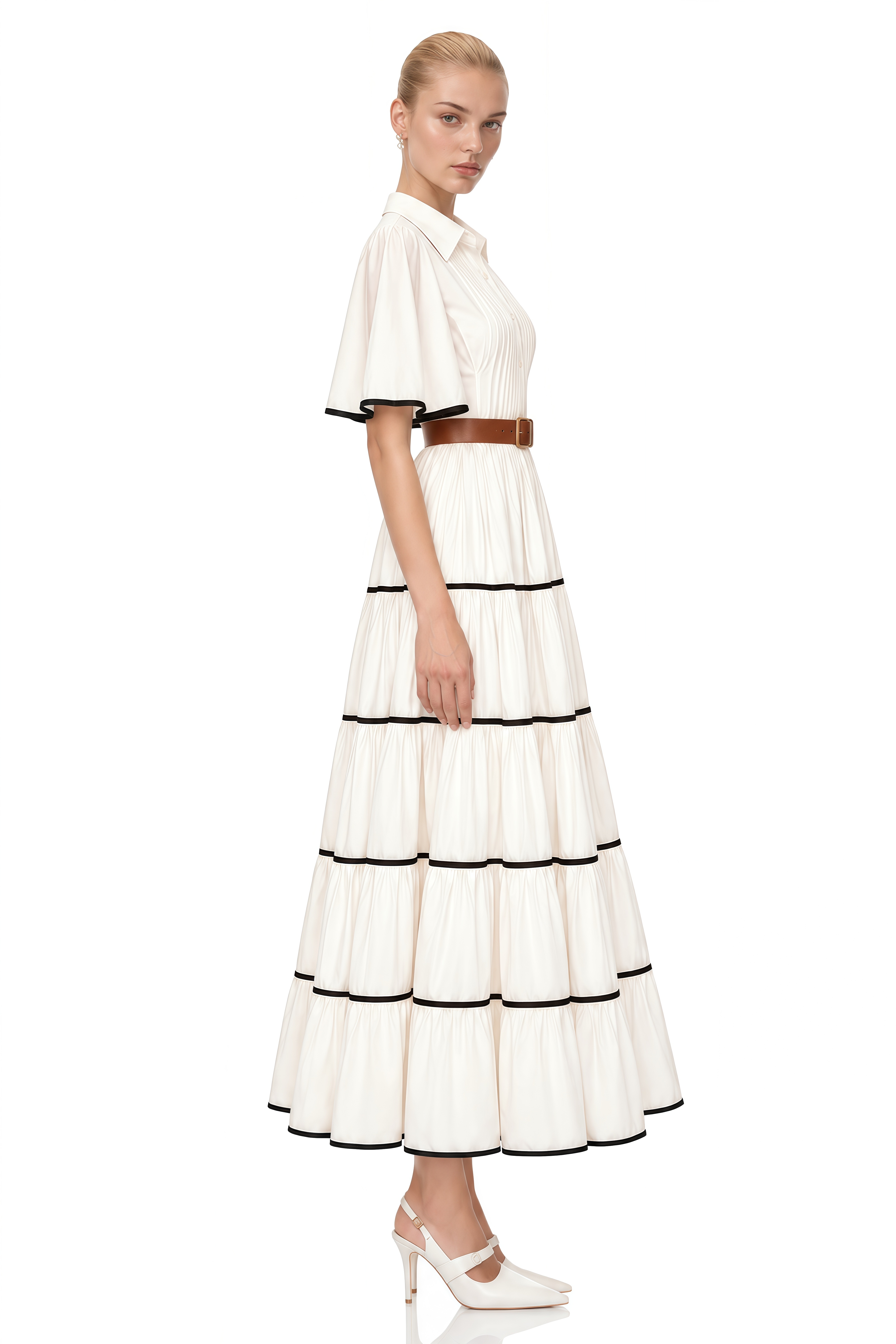 Coralie White Short Sleeves Belted Maxi Dress