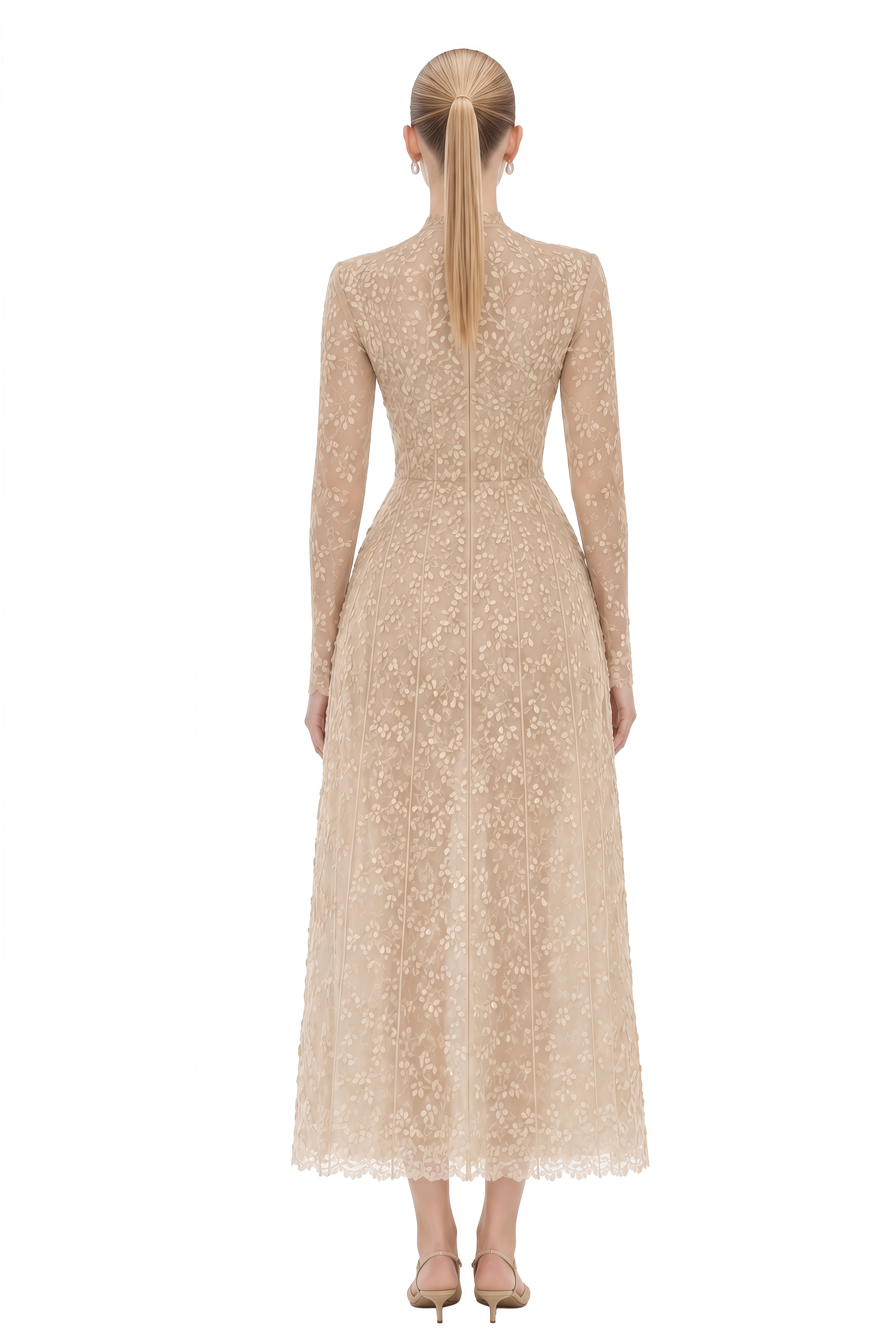 Elizabeth Beige Floral Embroidered A-Line Midi Dress
