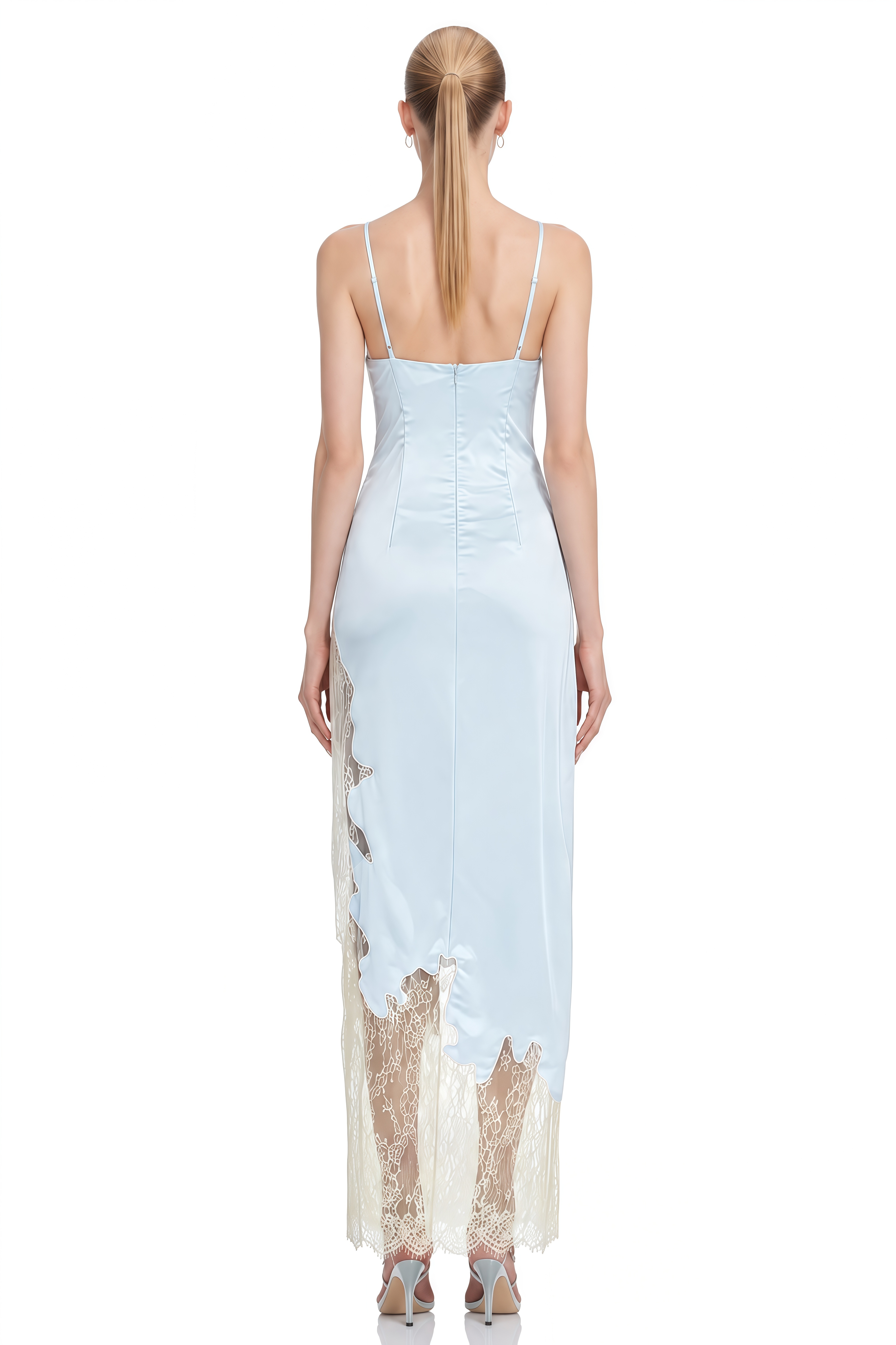 Isolde Light Blue Asymmetrical Lace-Hem Maxi Dress