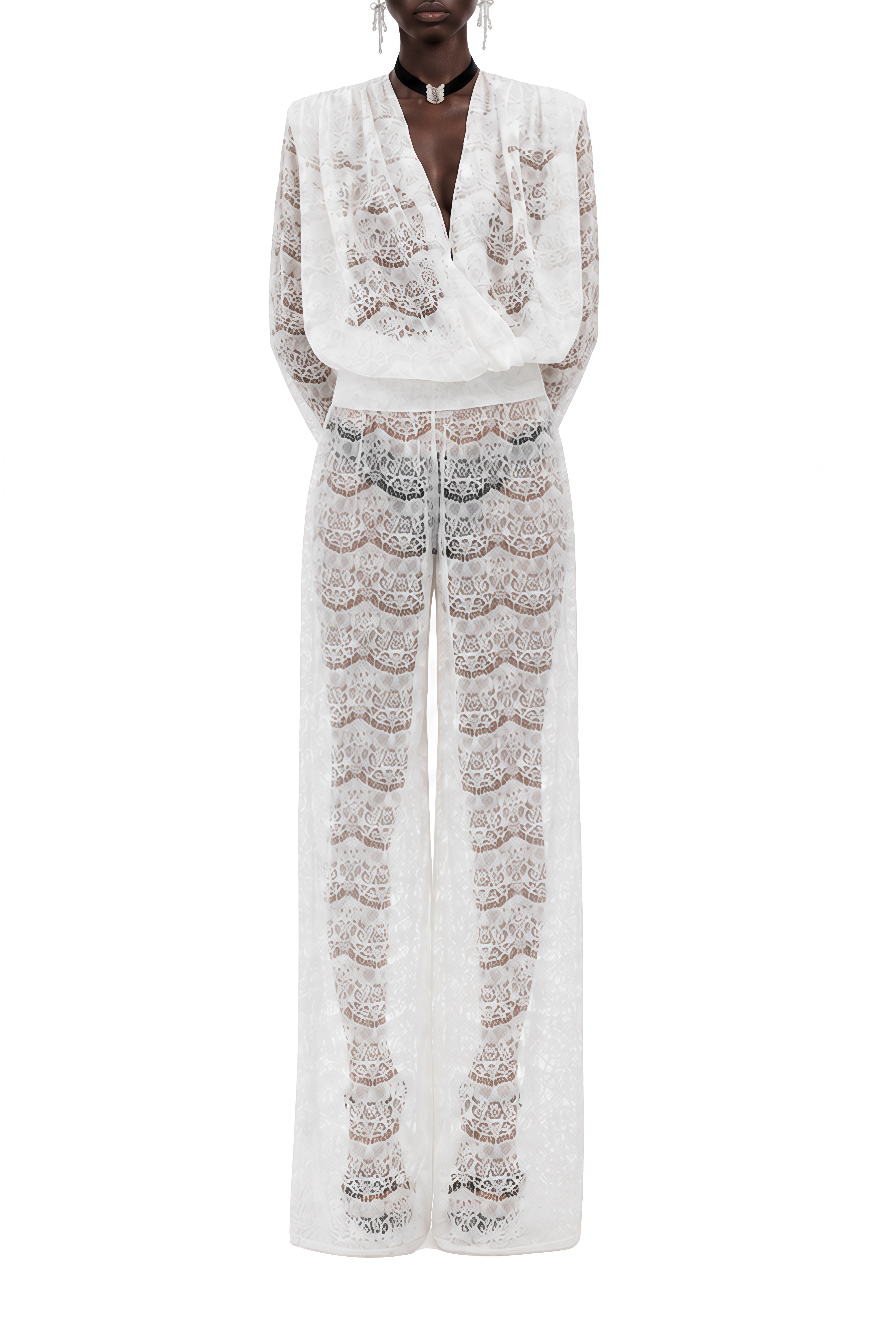 Celine White Long Sleeves Lace Blouse & Trousers Set