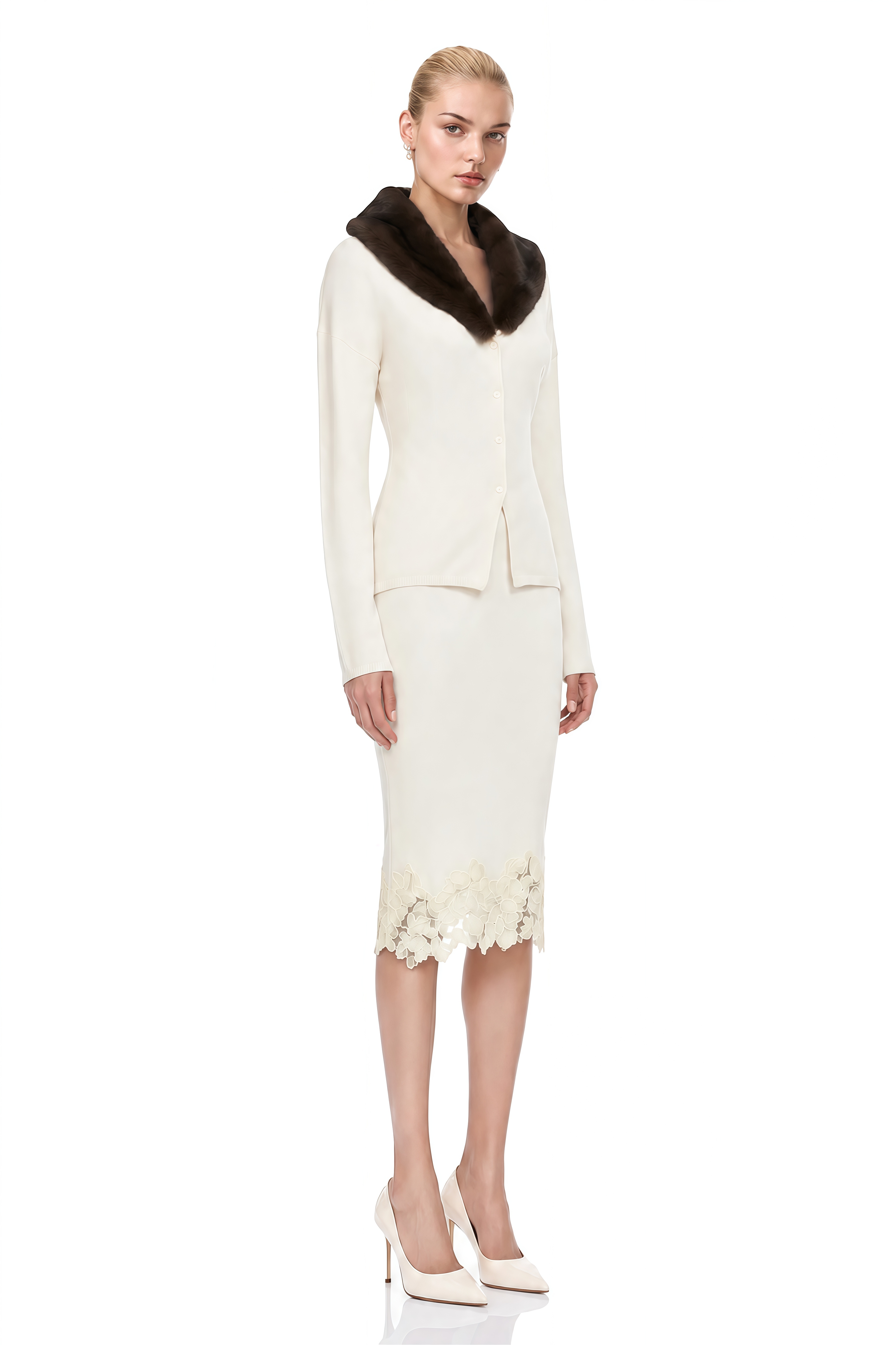 Miranda Ivory Fur Collar Lace Top & Skirt Set