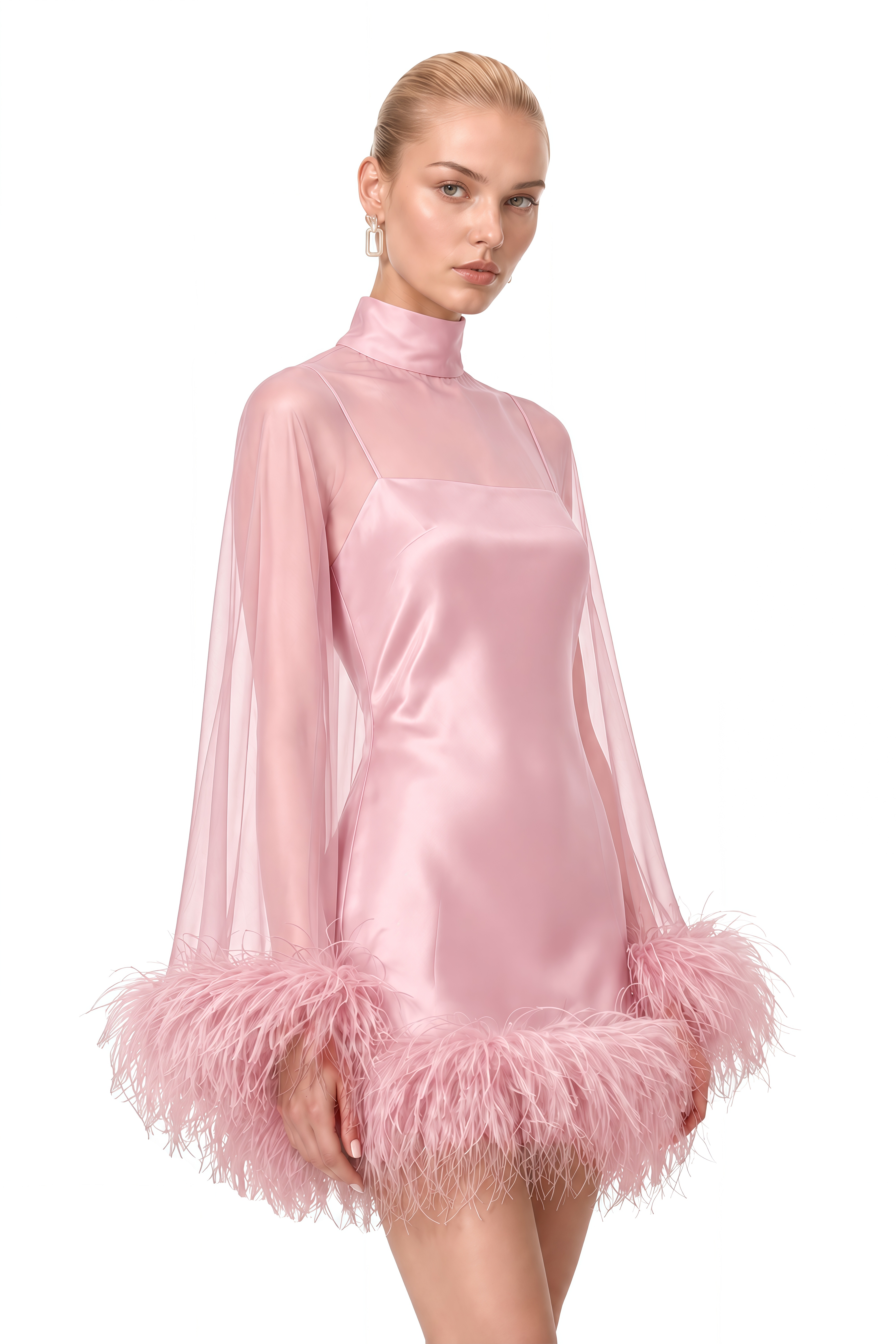 Ivy Pink Turtleneck Feather-Trim Mini Dress