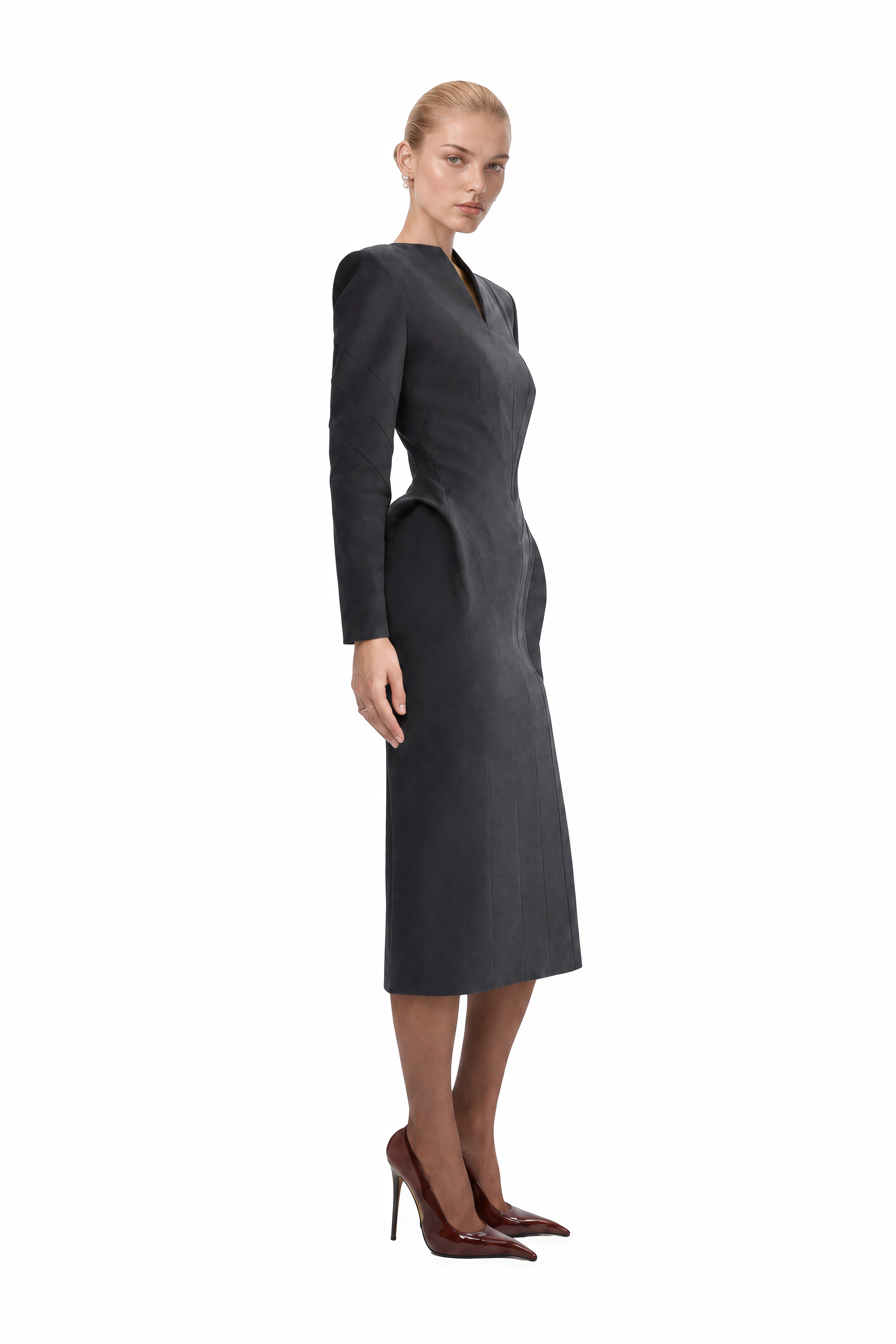 Audrey Grey Long Sleeves Slit Midi Dress