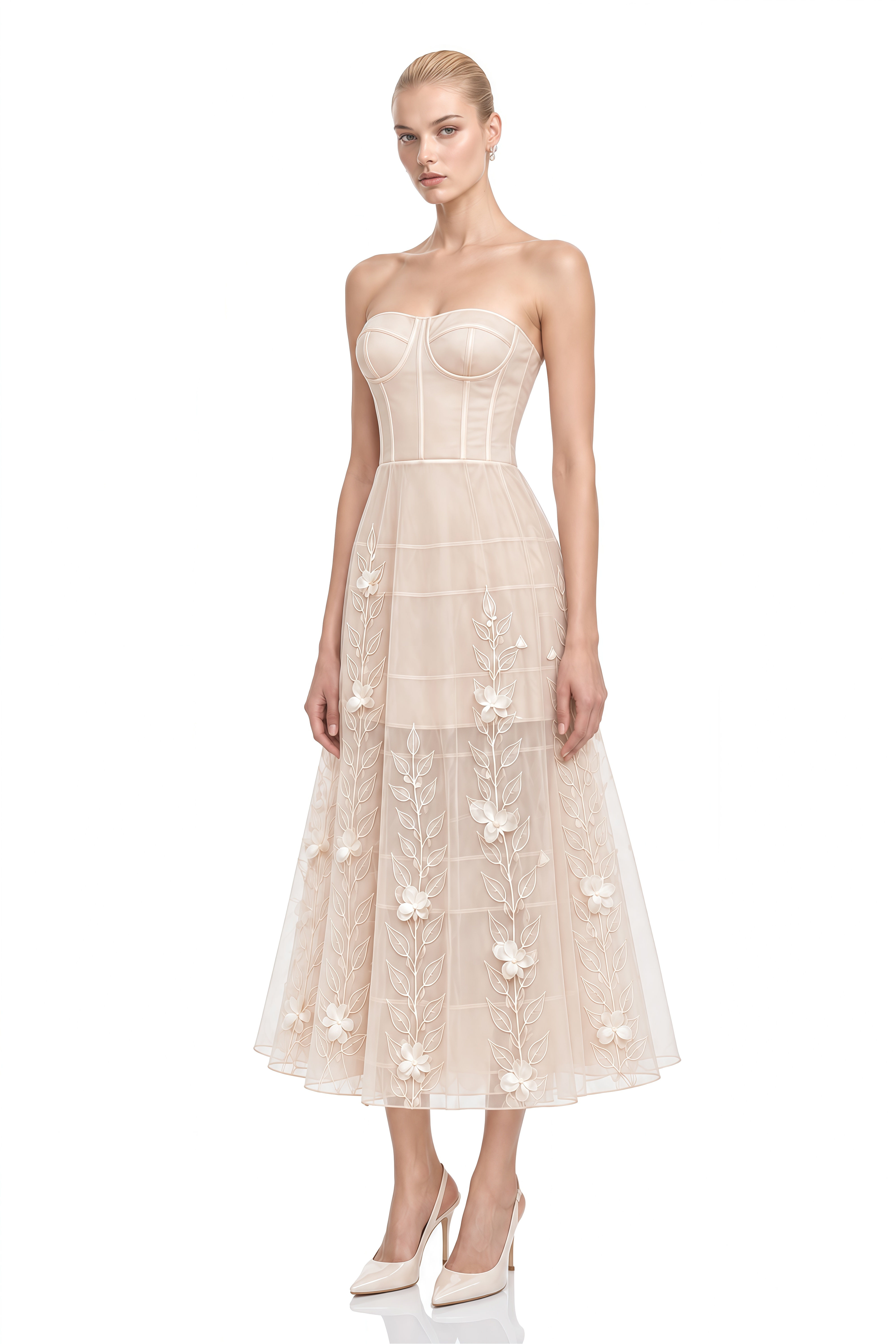 Elara Neutral Strapless Floral Appliqué Midi Dress