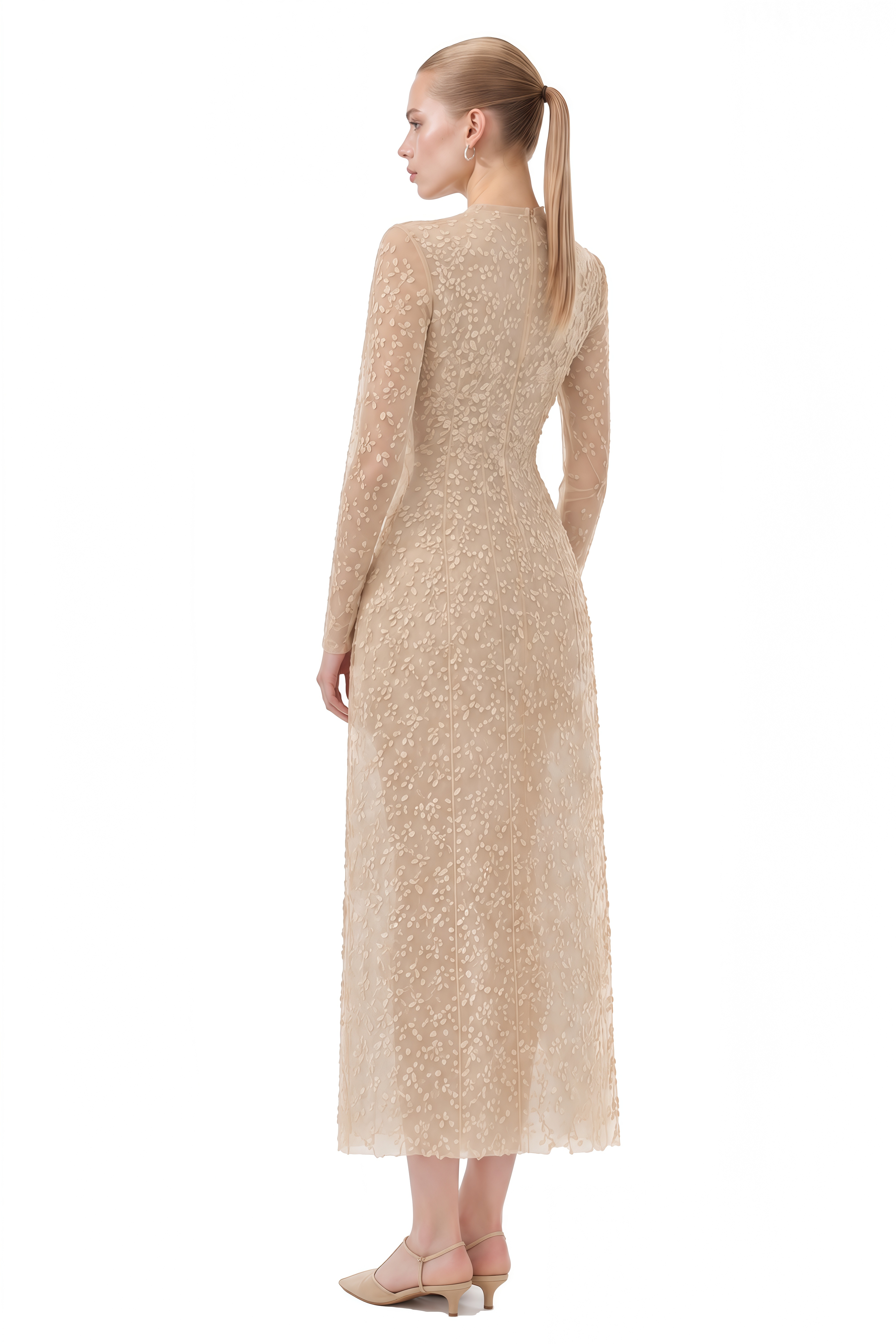 Elizabeth Beige Floral Embroidered A-Line Midi Dress
