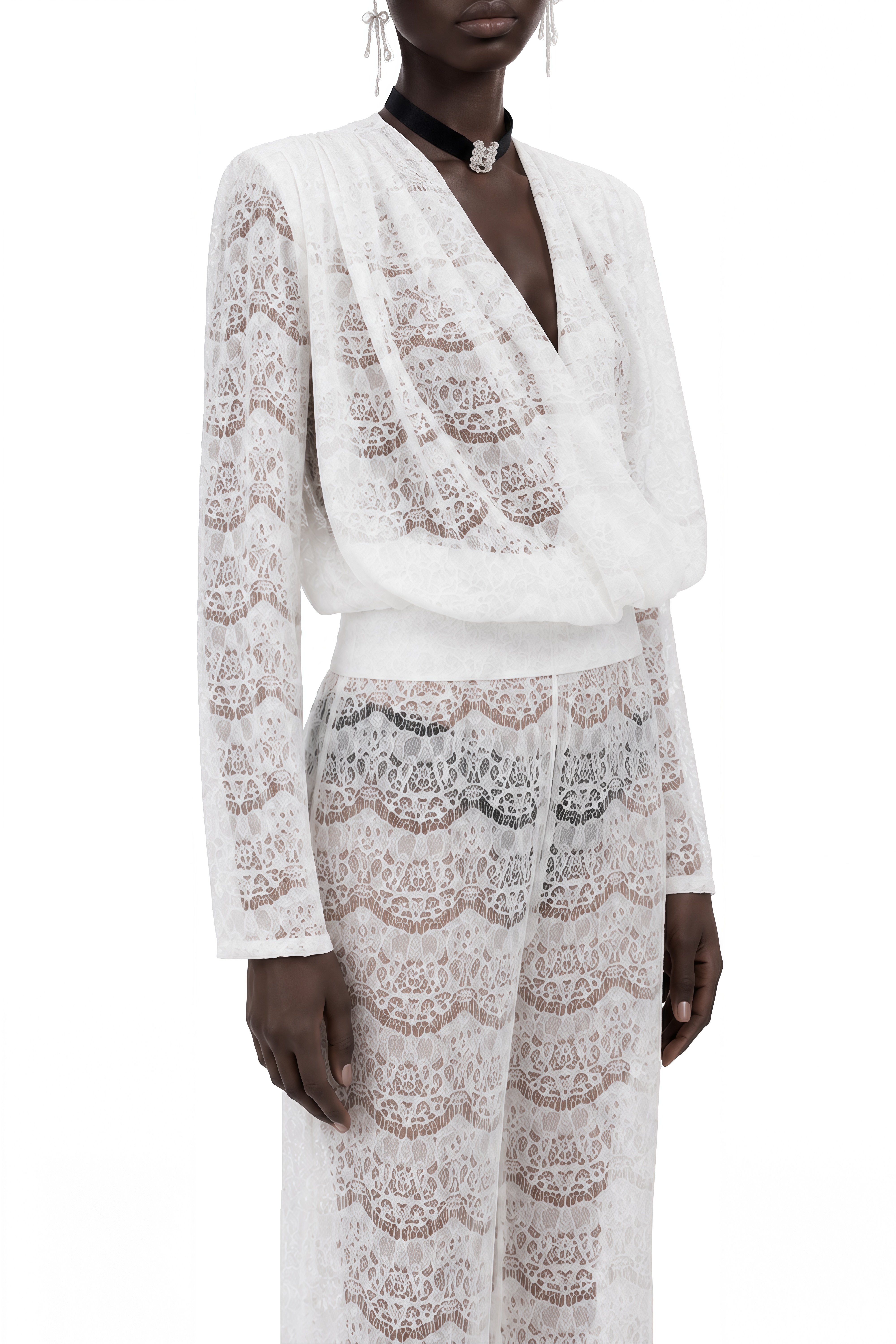 Celine White Long Sleeves Lace Blouse & Trousers Set