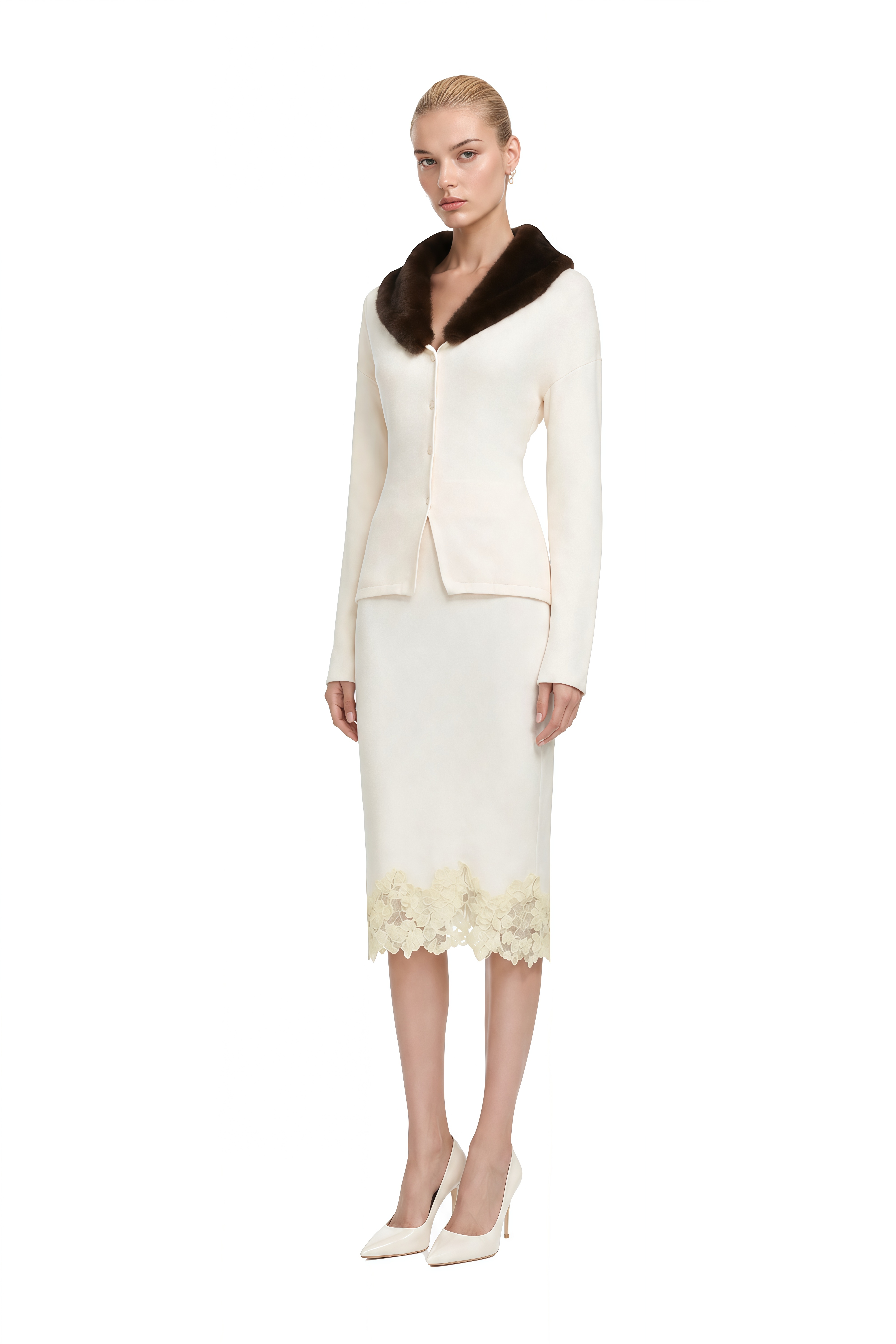 Miranda Ivory Fur Collar Lace Top & Skirt Set