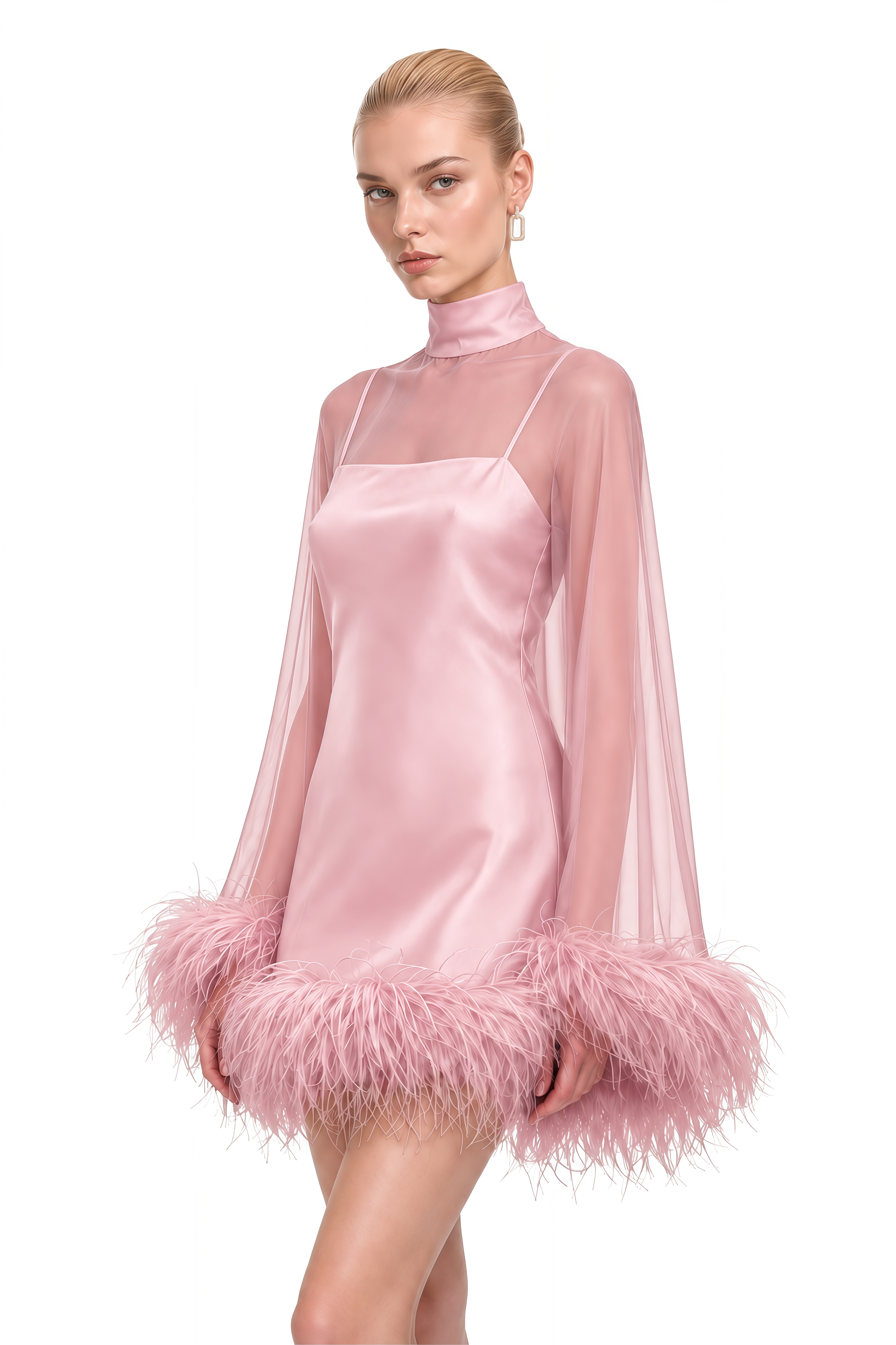 Ivy Pink Turtleneck Feather-Trim Mini Dress