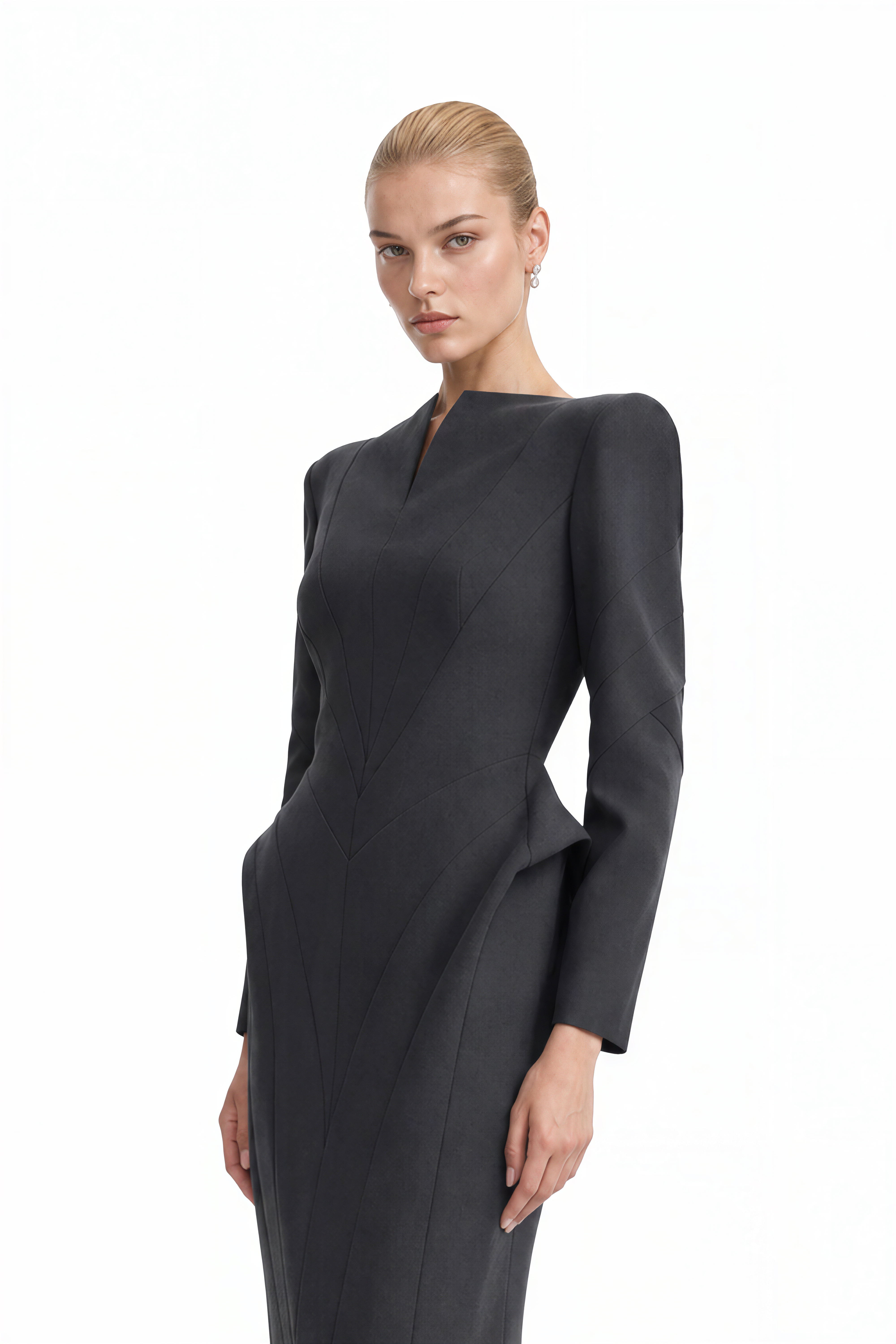 Audrey Grey Long Sleeves Slit Midi Dress