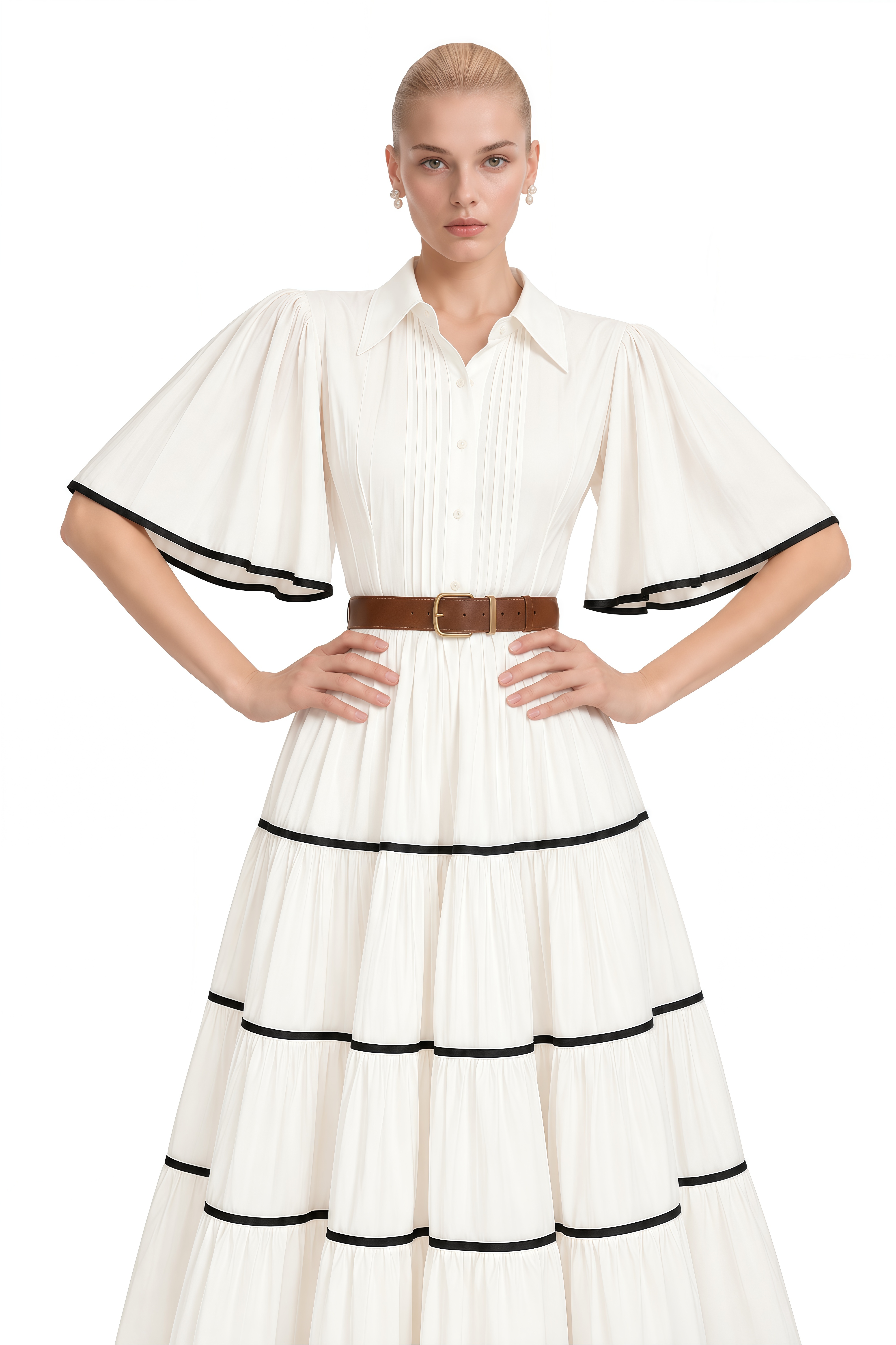 Coralie White Short Sleeves Belted Maxi Dress