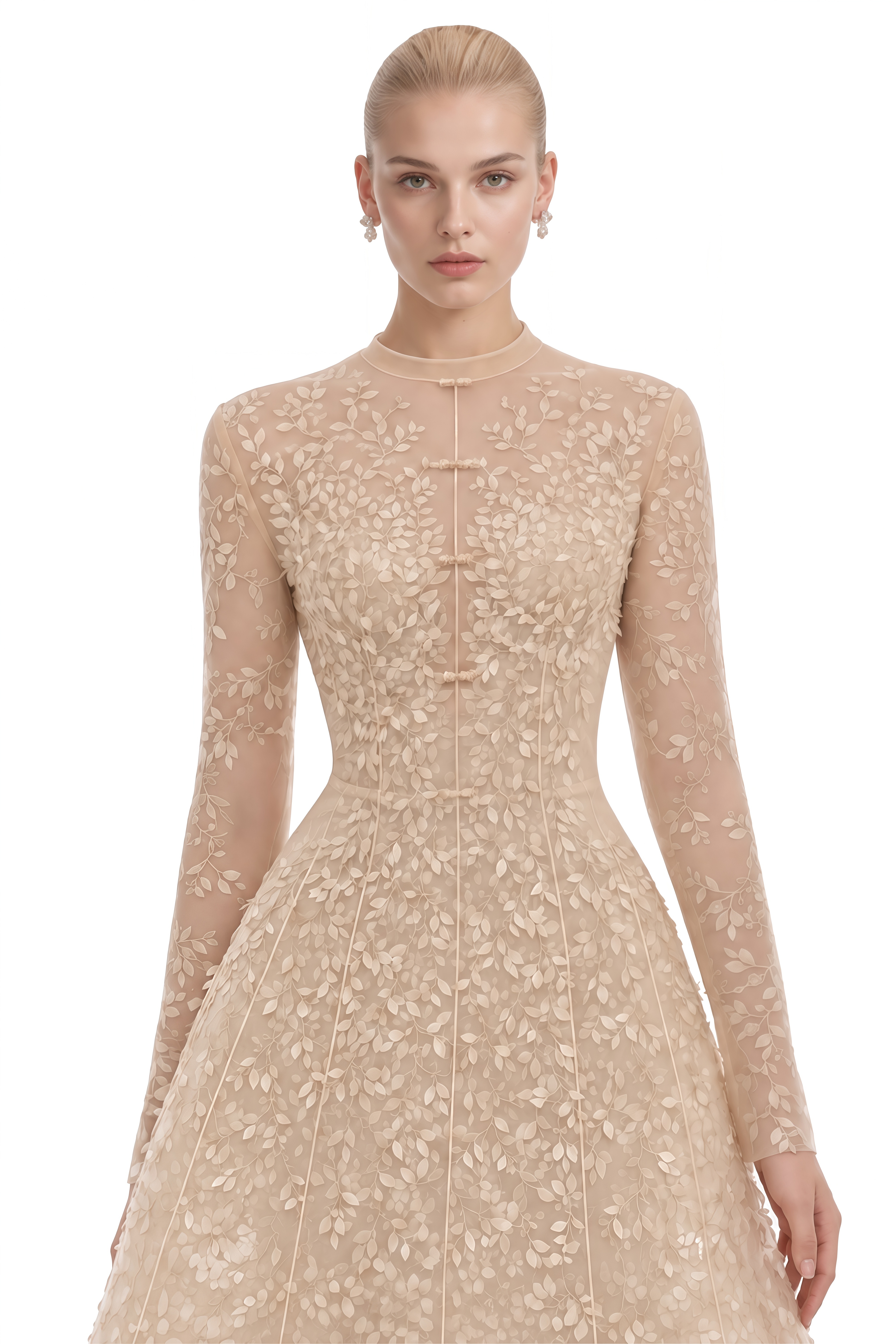 Elizabeth Beige Floral Embroidered A-Line Midi Dress
