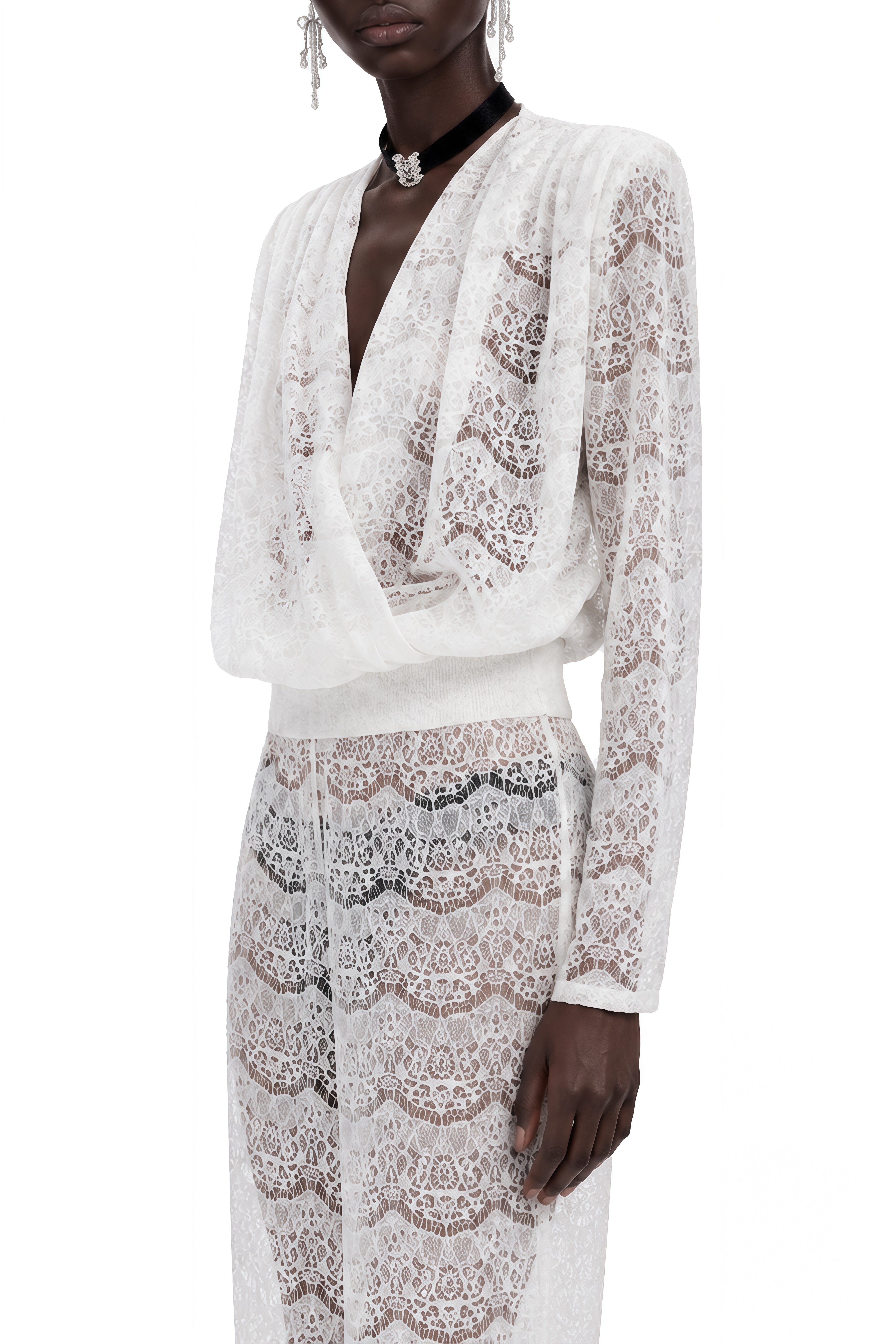 Celine White Long Sleeves Lace Blouse & Trousers Set