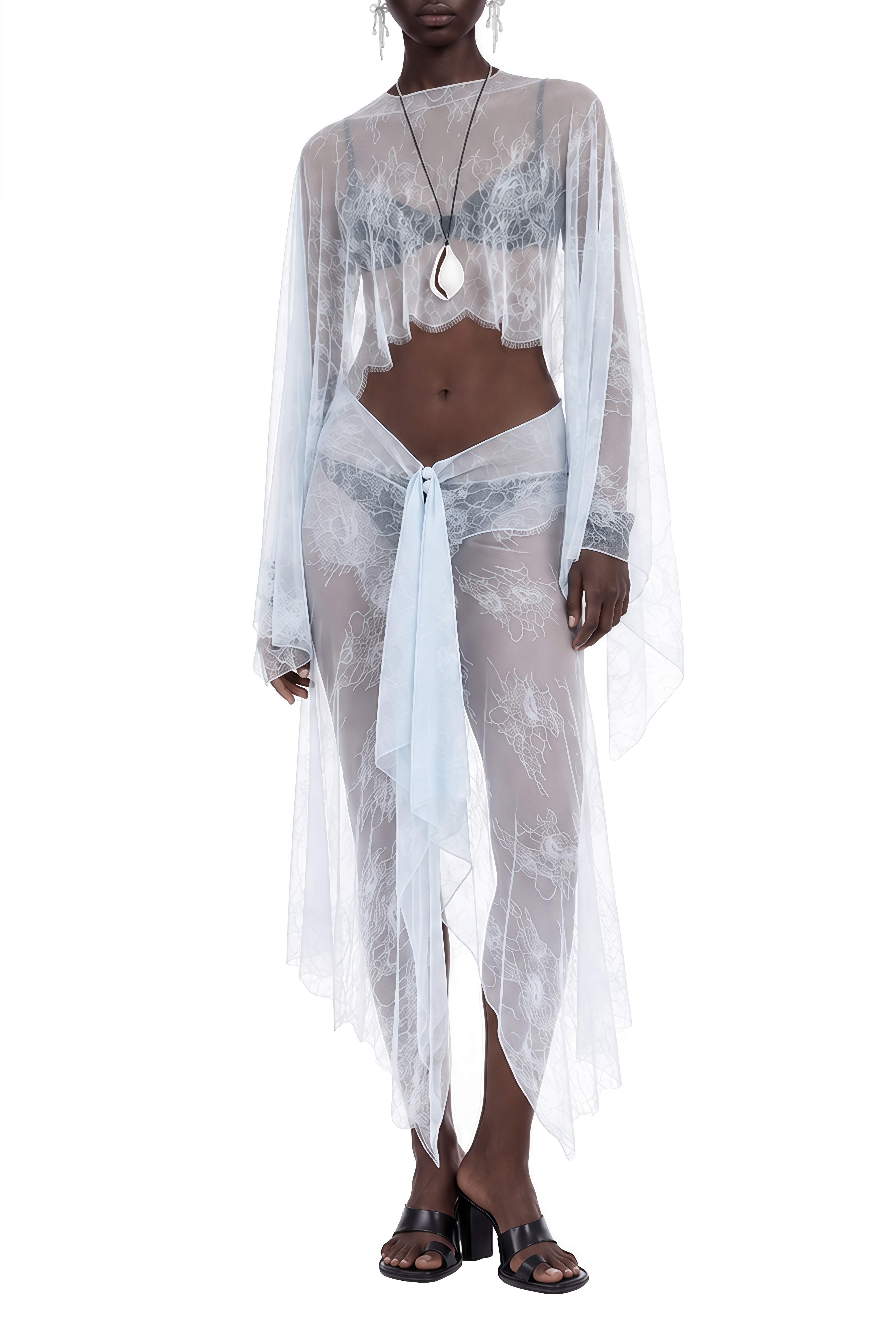 Fiadh Light Blue Sheer Lace Top & Skirt Set