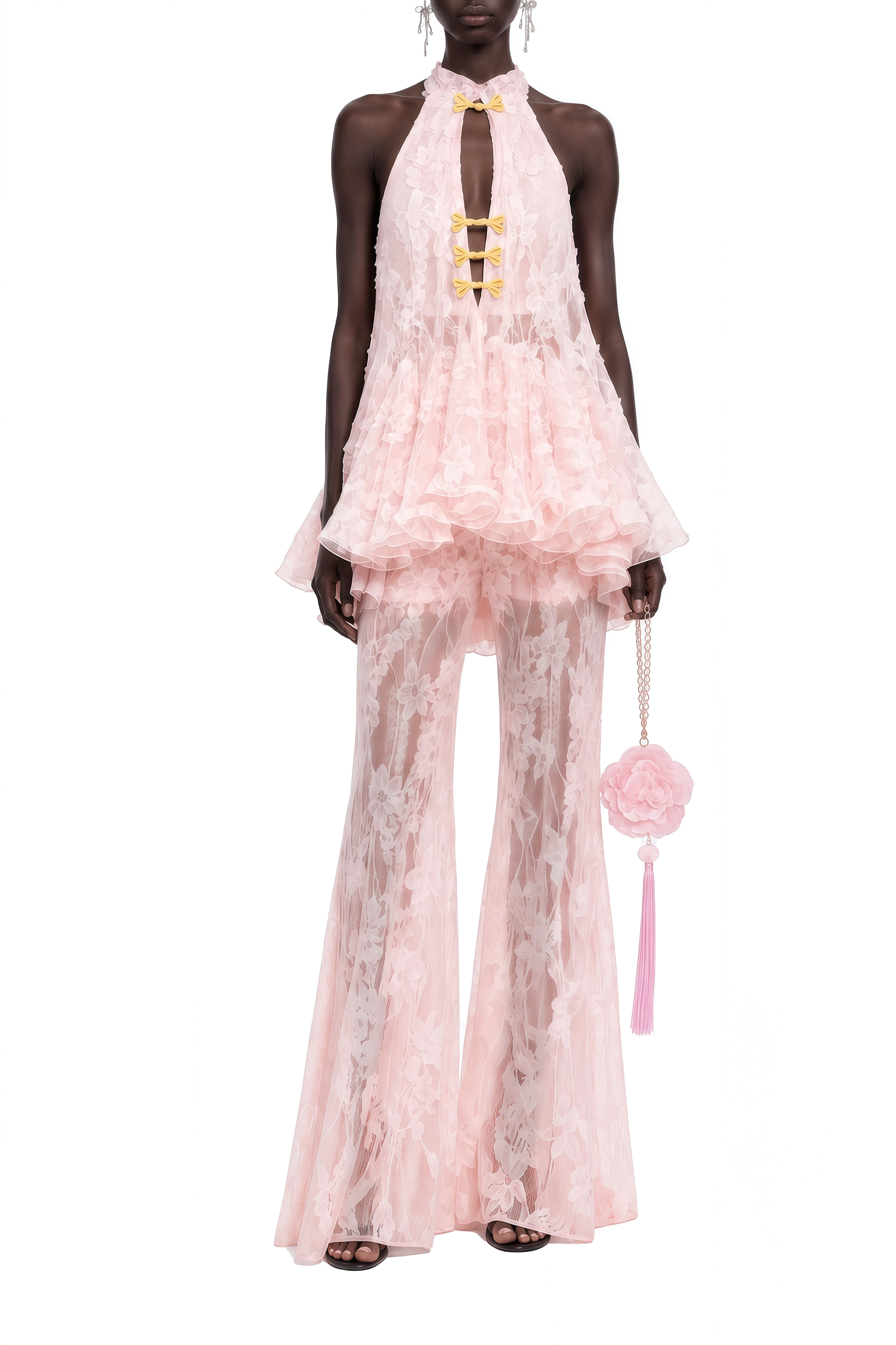Lydia Pink Sleeveless Lace Top & Trousers Set