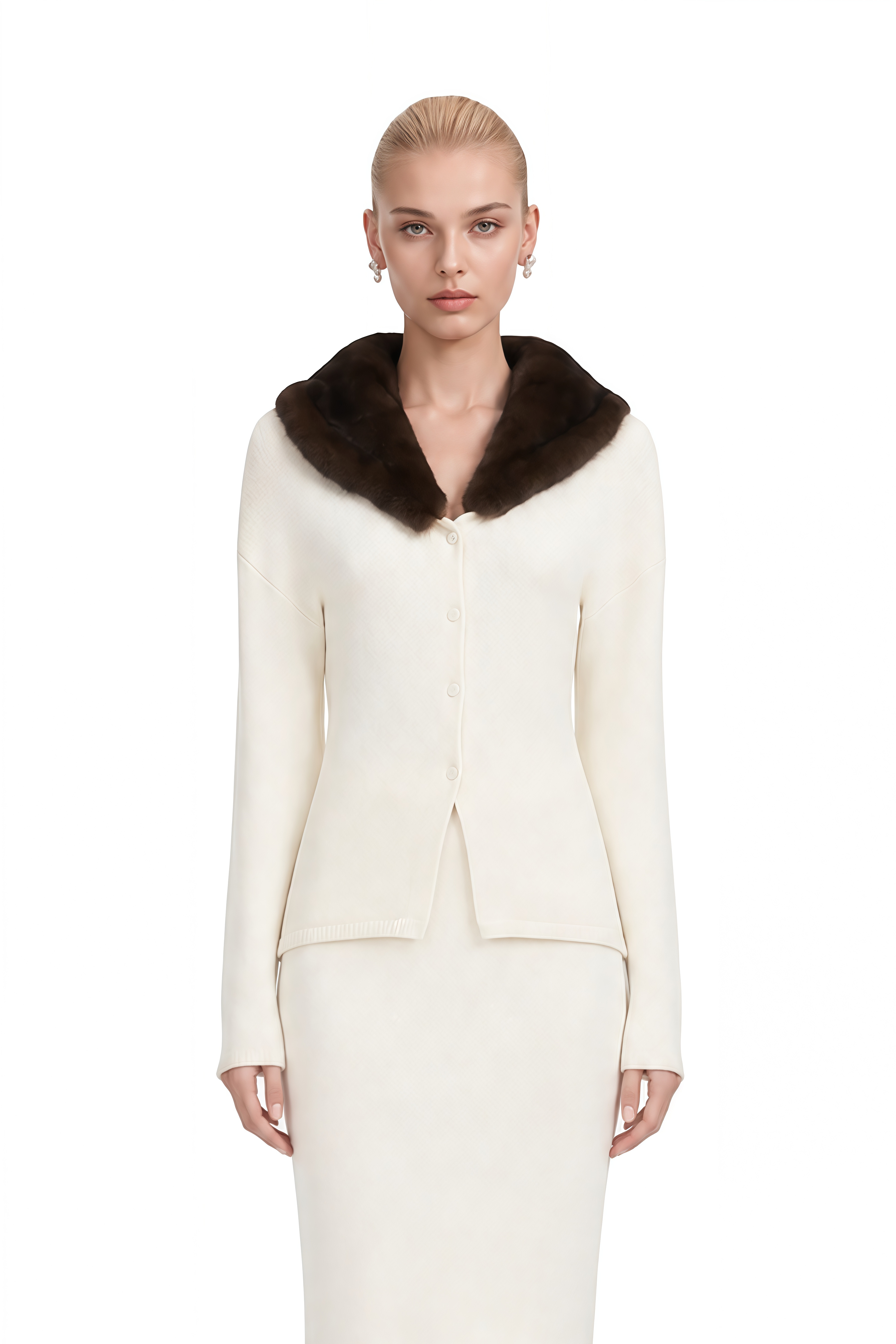 Miranda Ivory Fur Collar Lace Top & Skirt Set