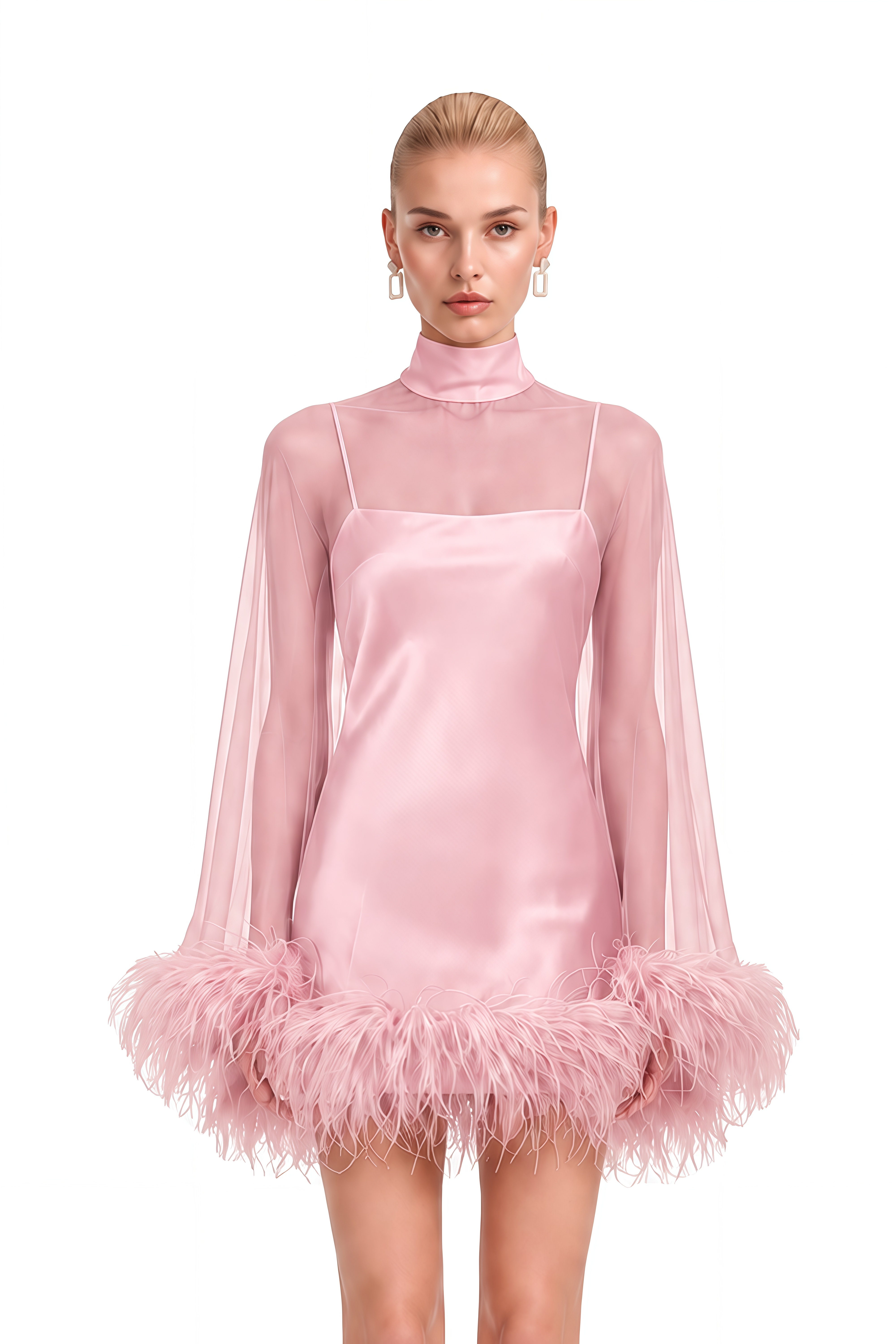 Ivy Pink Turtleneck Feather-Trim Mini Dress