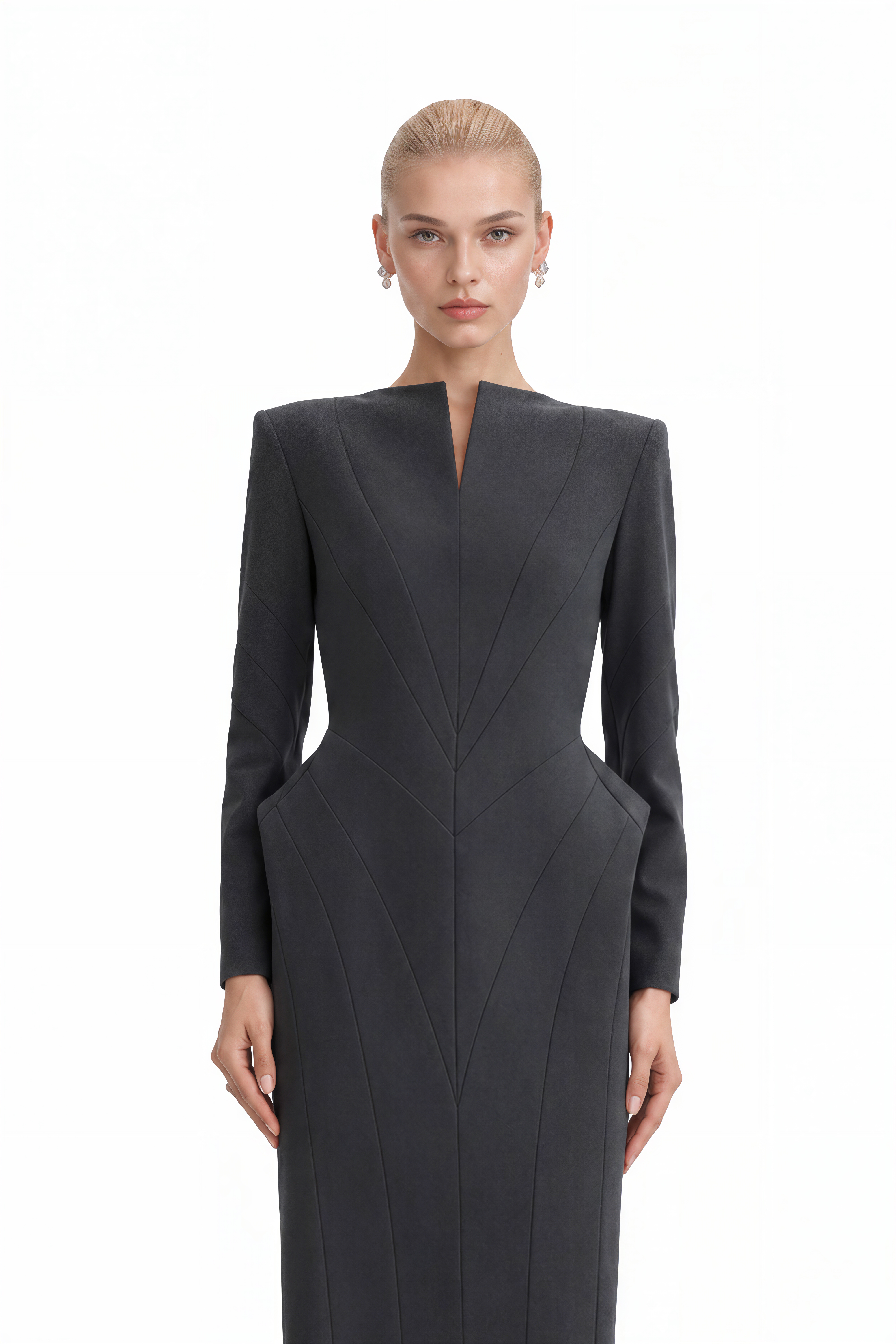 Audrey Grey Long Sleeves Slit Midi Dress