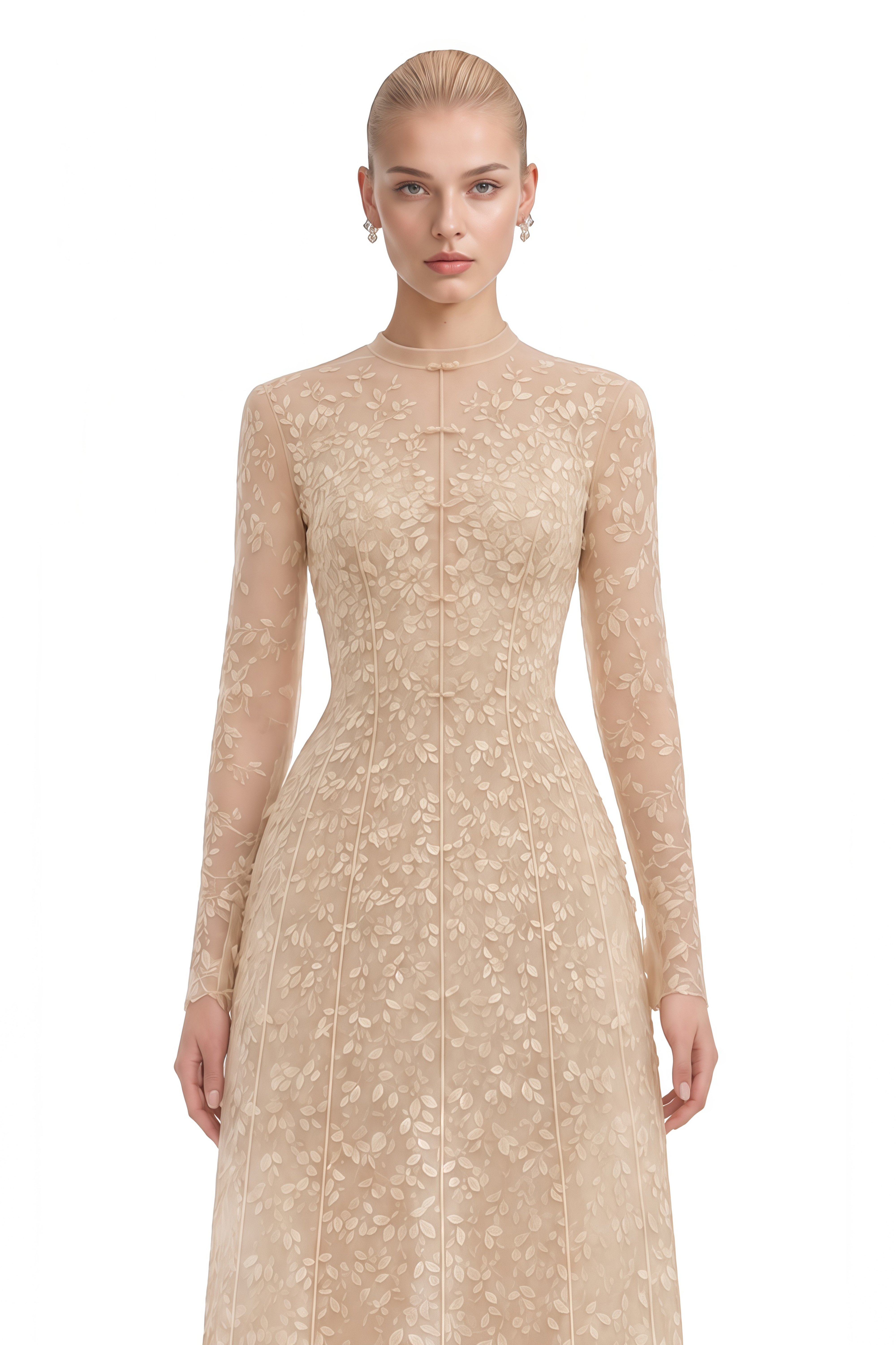 Elizabeth Beige Floral Embroidered A-Line Midi Dress