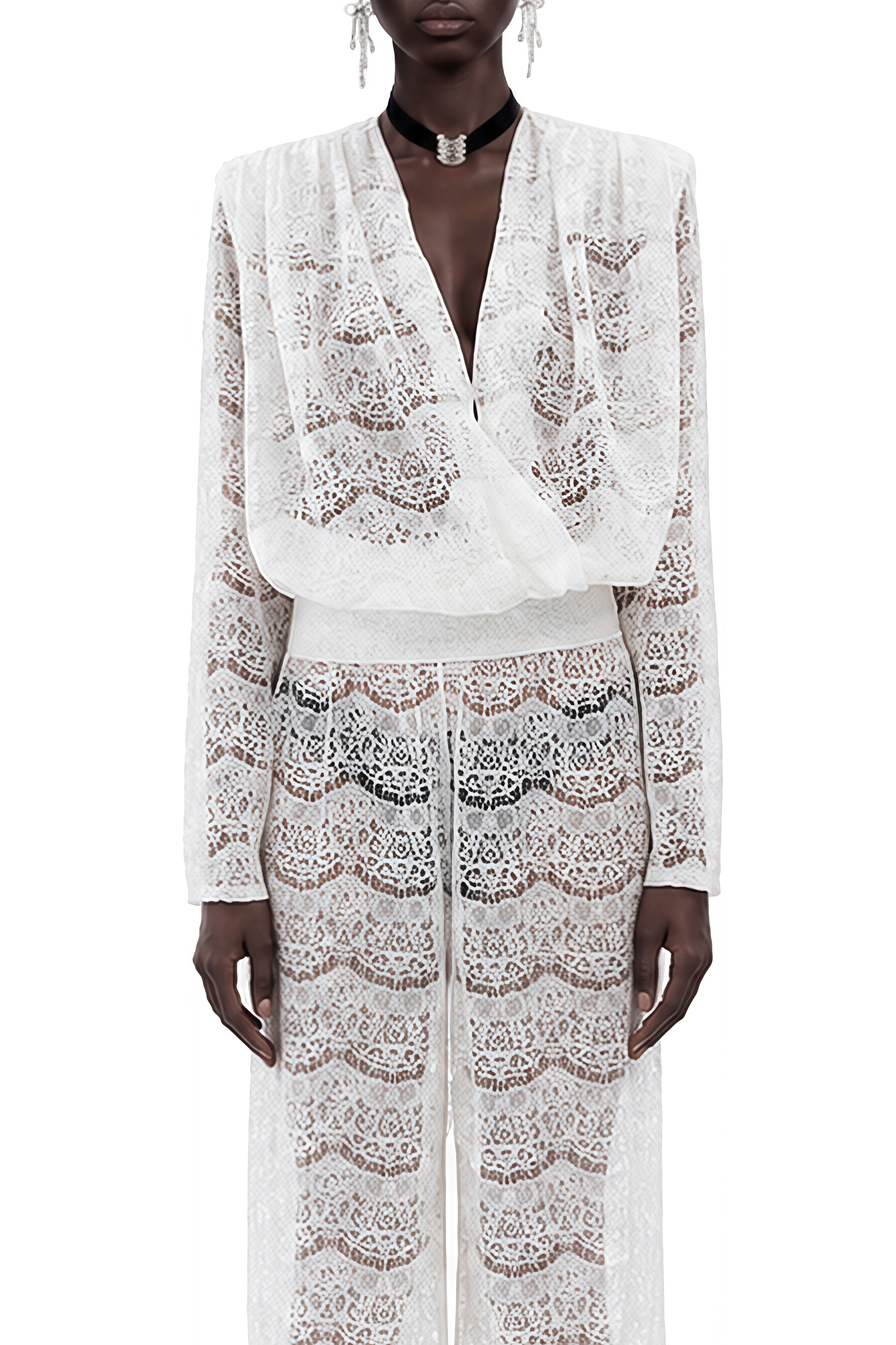Celine White Long Sleeves Lace Blouse & Trousers Set