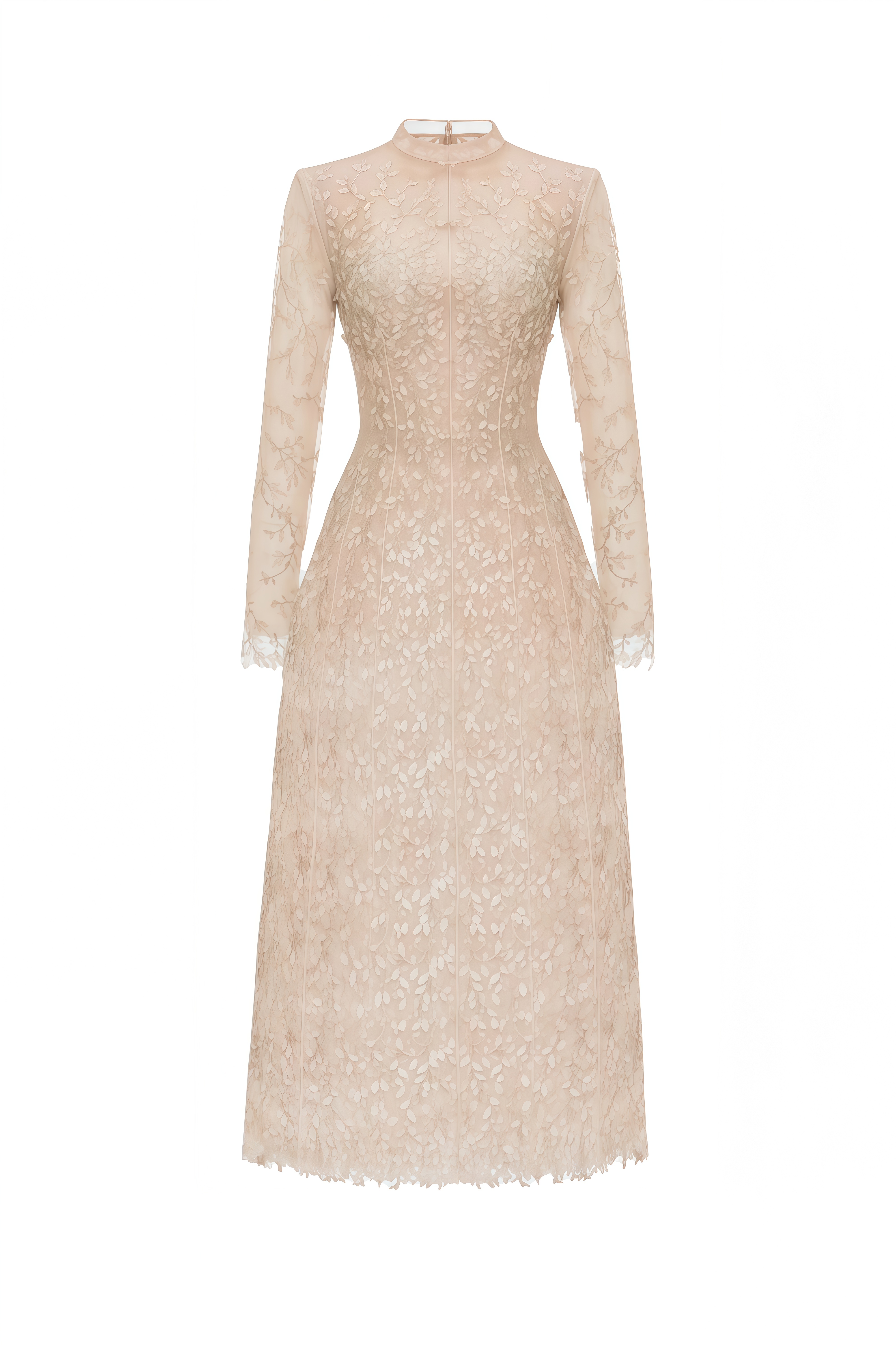 Elizabeth Beige Floral Embroidered A-Line Midi Dress
