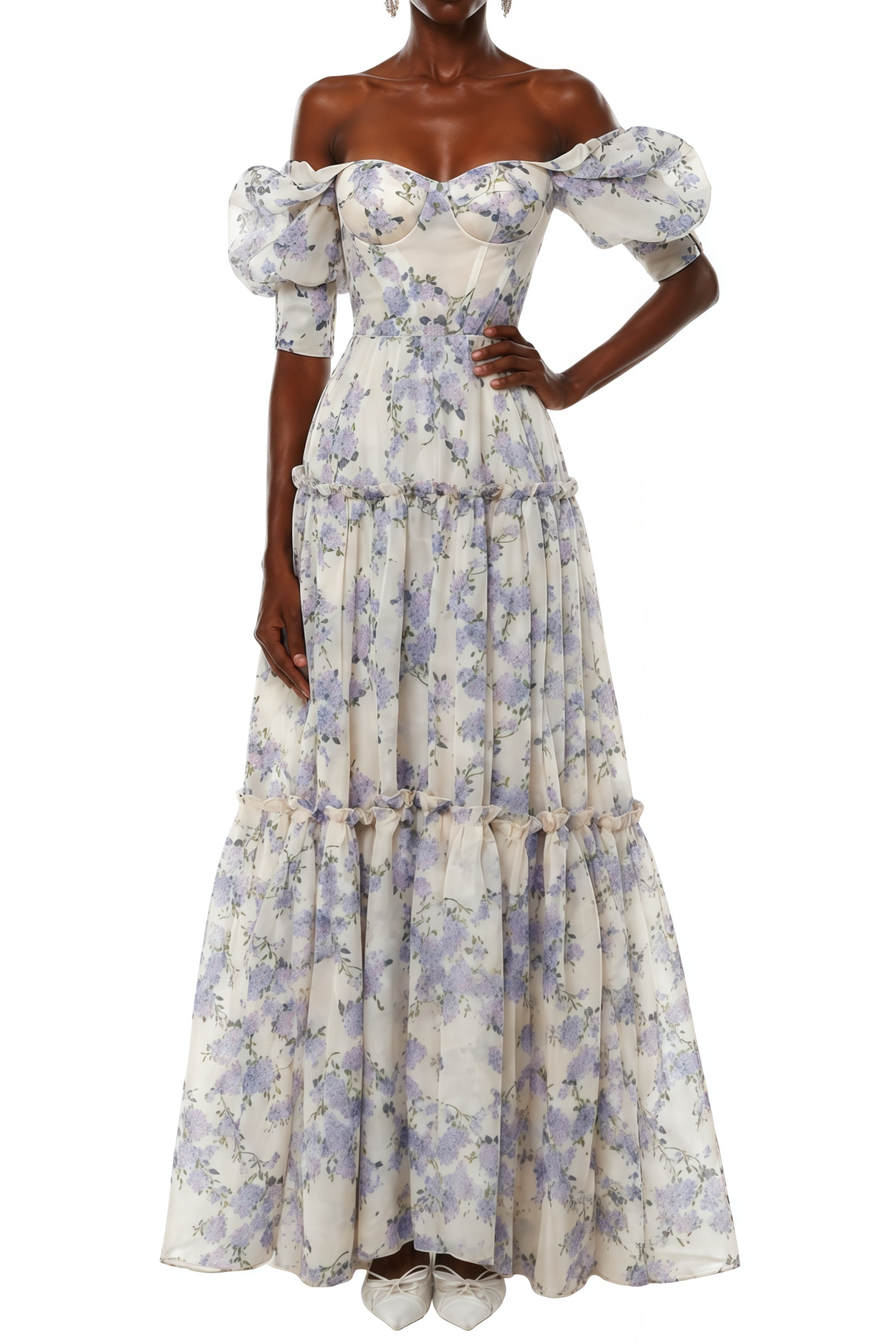 Laurel Purple Ruffled Floral Print Maxi Dress